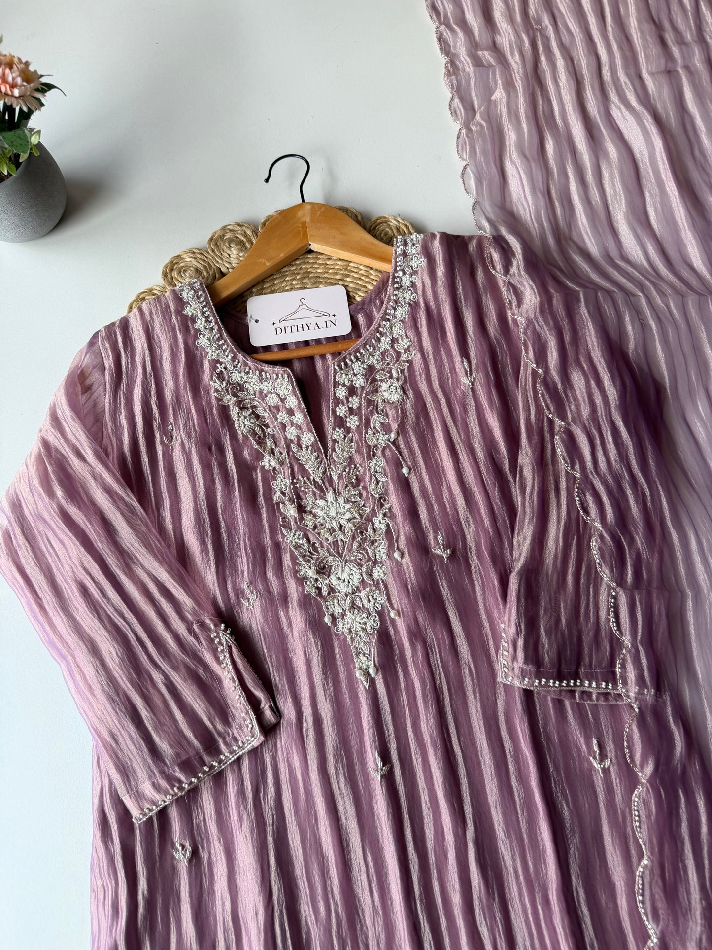 K102 - Crush Glass tissue silk handwork straight Kurti with pants and dupatta