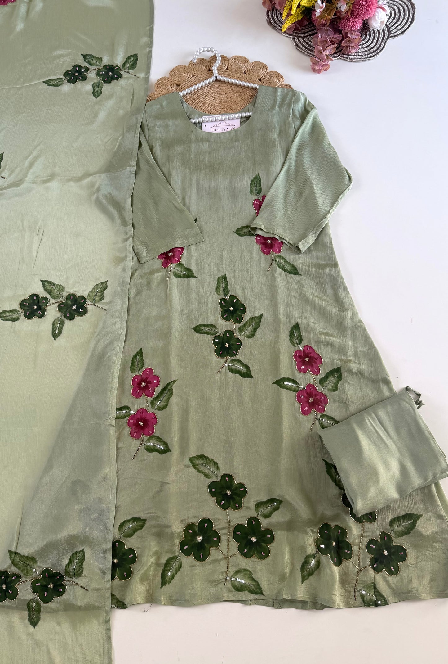 K634 - Pure Chinnon handwork Aline Kurti with pants and dupatta