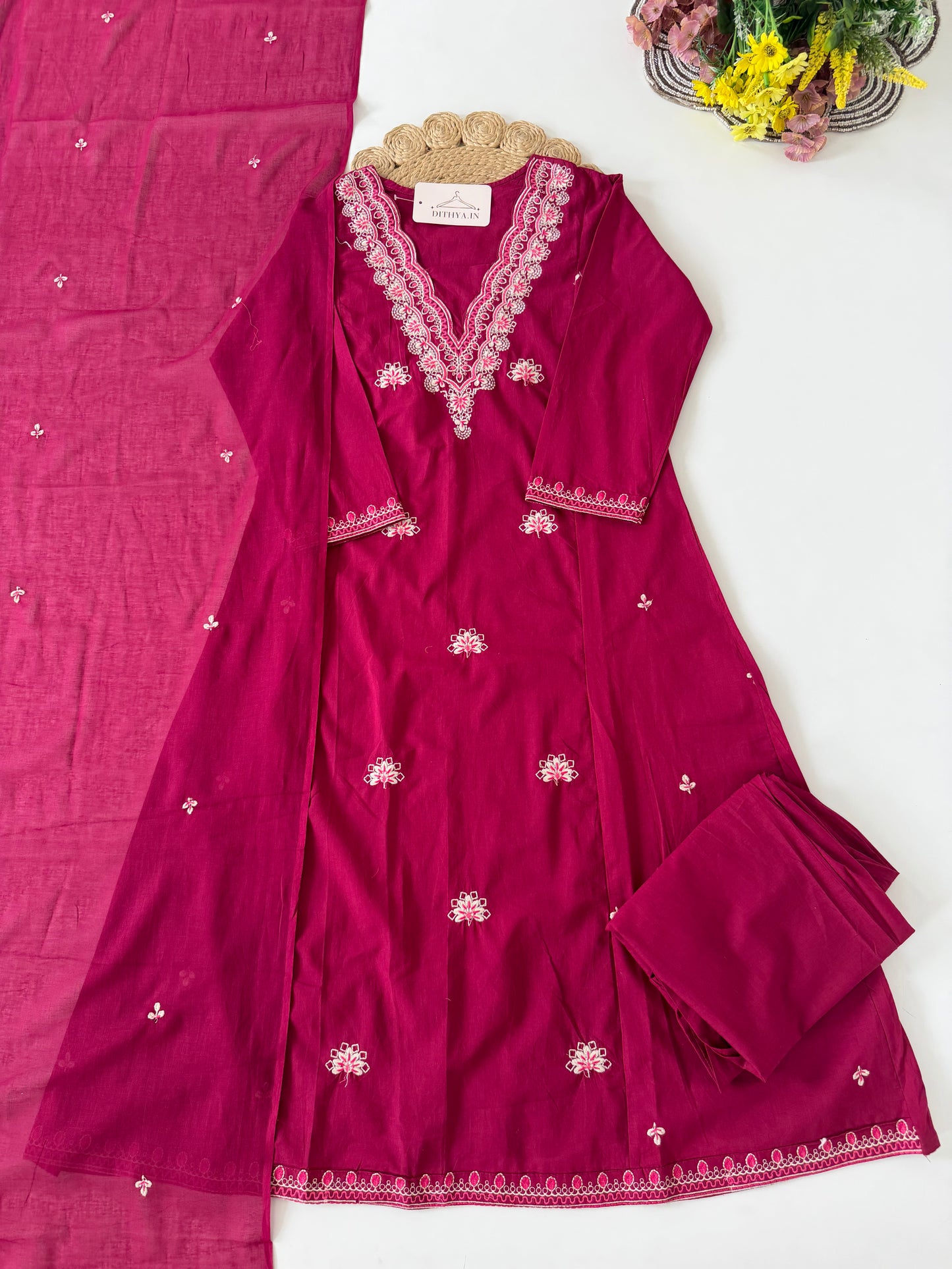 K434 - Mul cotton embroidered Aline Kurti with pants and dupatta