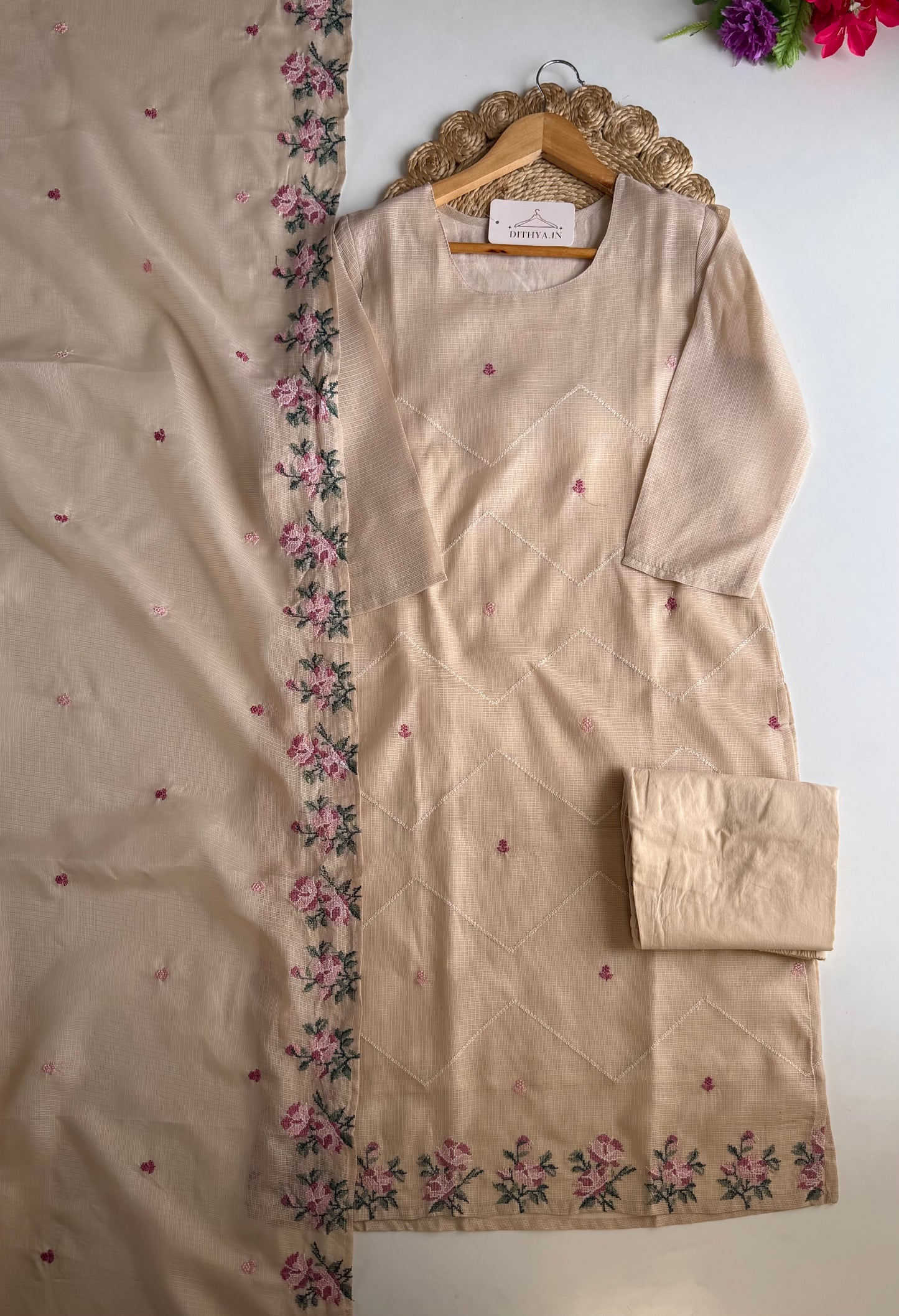 K220 - Kota doriya cross stitch embroidery straight Kurti with pants and dupatta