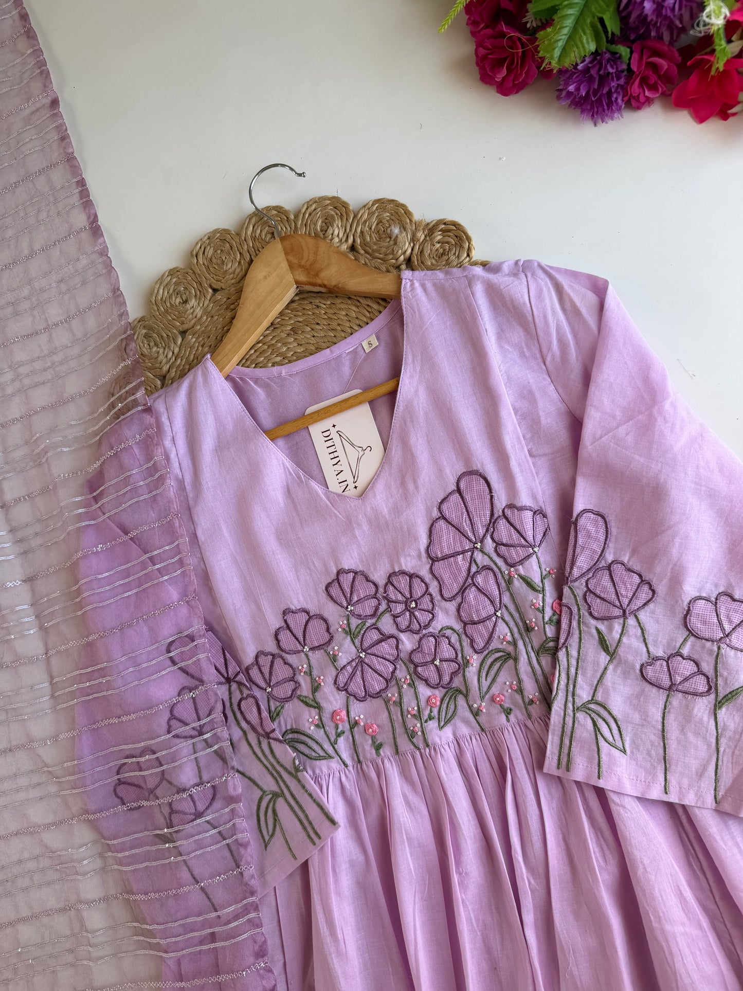 K213 - Mul cotton embroidered Anarkali with pants and dupatta
