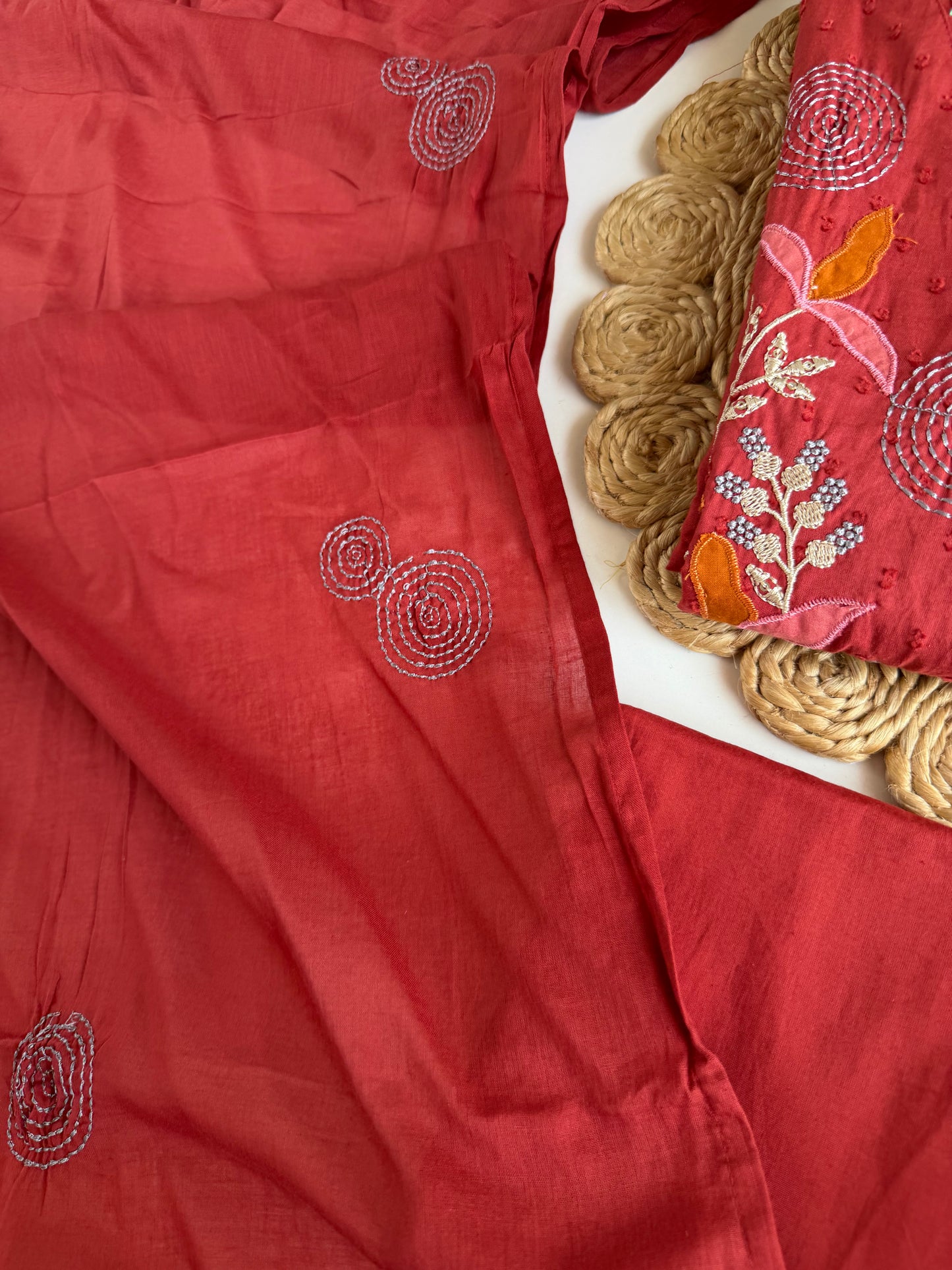 K721 - Mul cotton embroidered Aline   Kurti with pants and dupatta