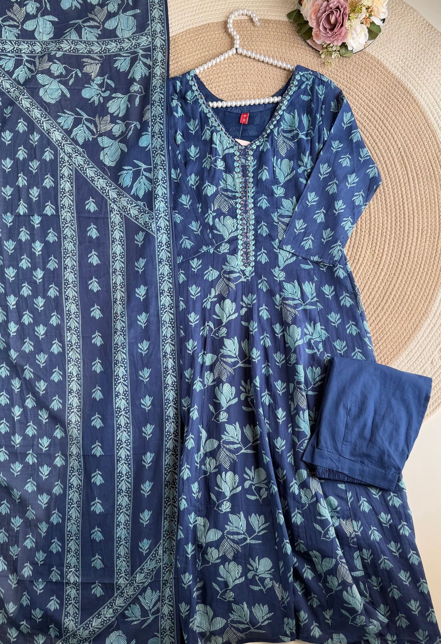 K559 - Mul cotton printed Anarkali with pants and dupatta in 2 colours