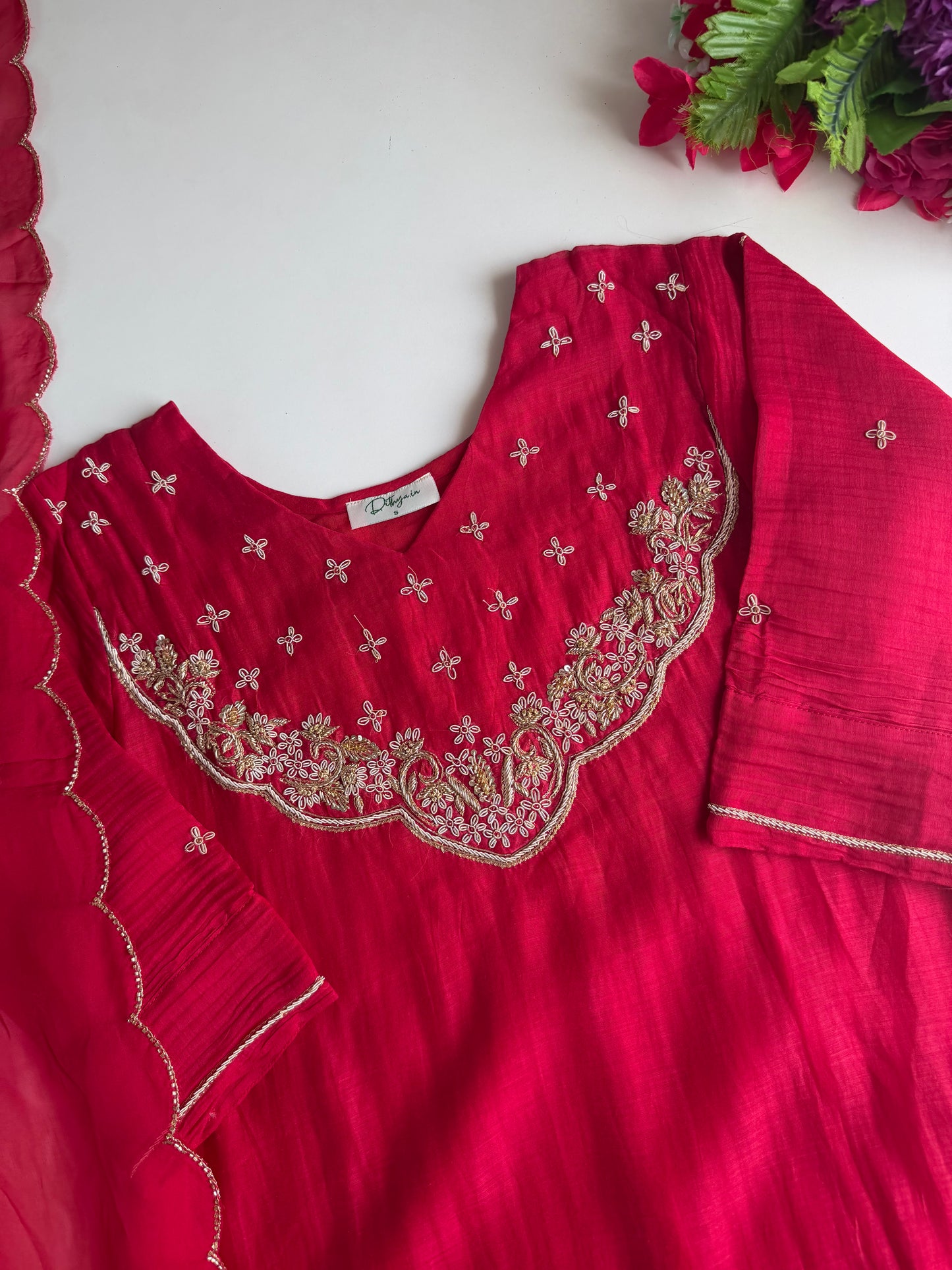 K328 - Mul chanderi handwork aline Kurti with pants and dupatta in 2 colours