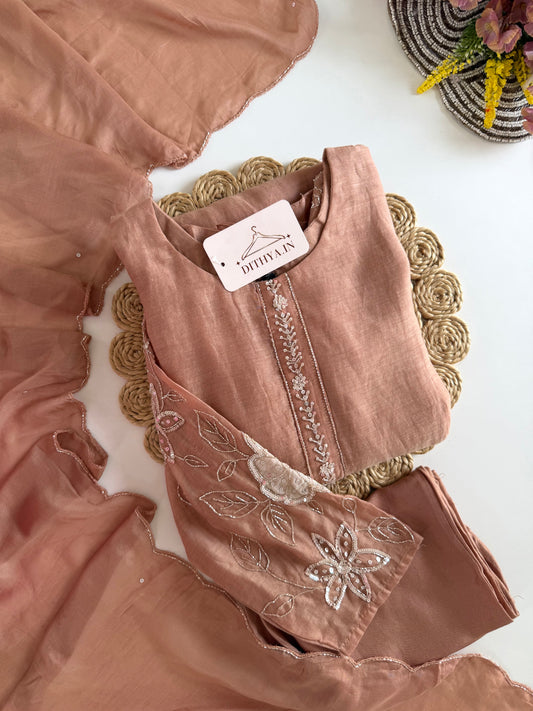 K181 - Mul chanderi handwork Aline Kurti with pants and dupatta in 2 colours