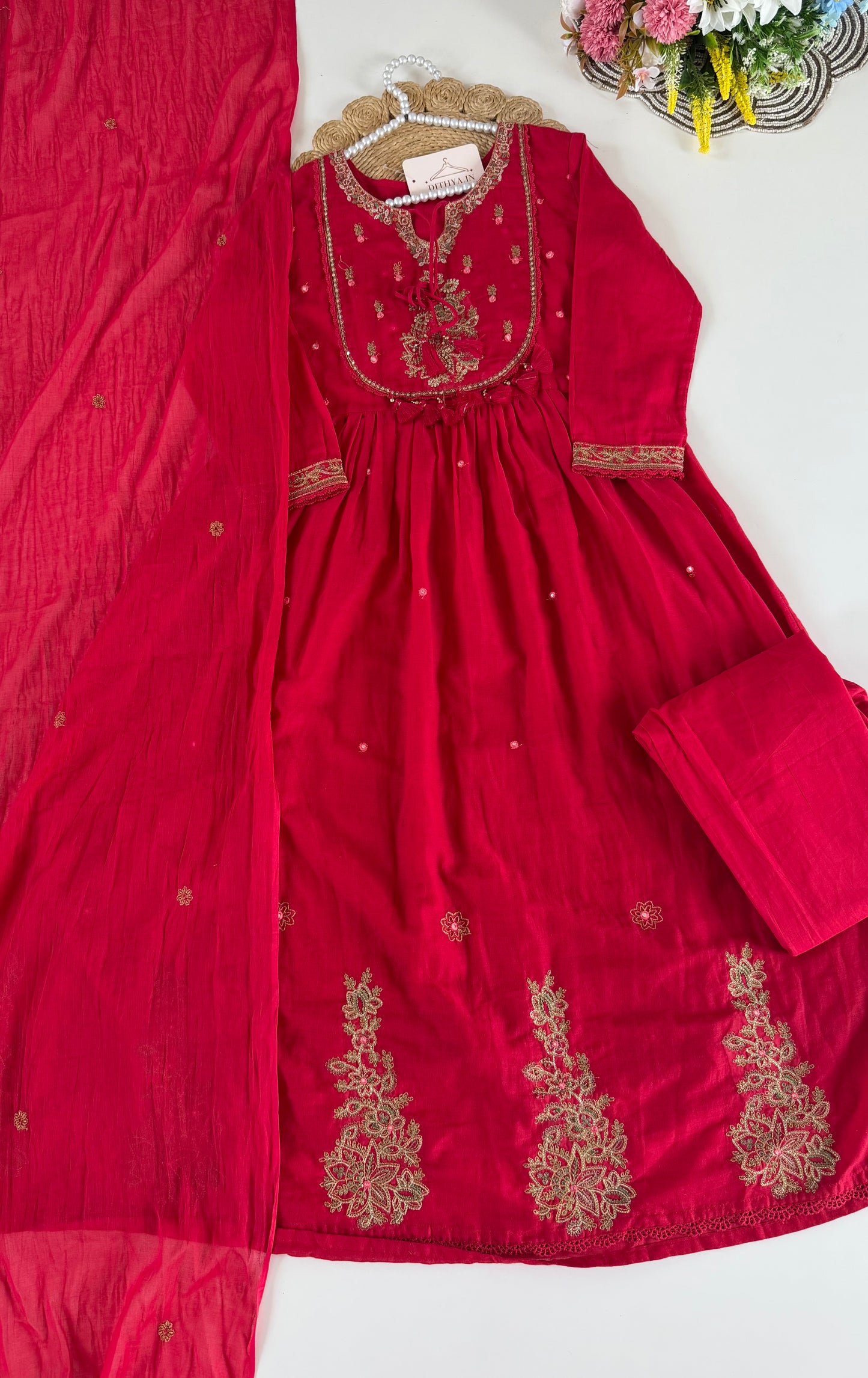 K676 - Mul cotton embroidered Anarkali with pants and dupatta