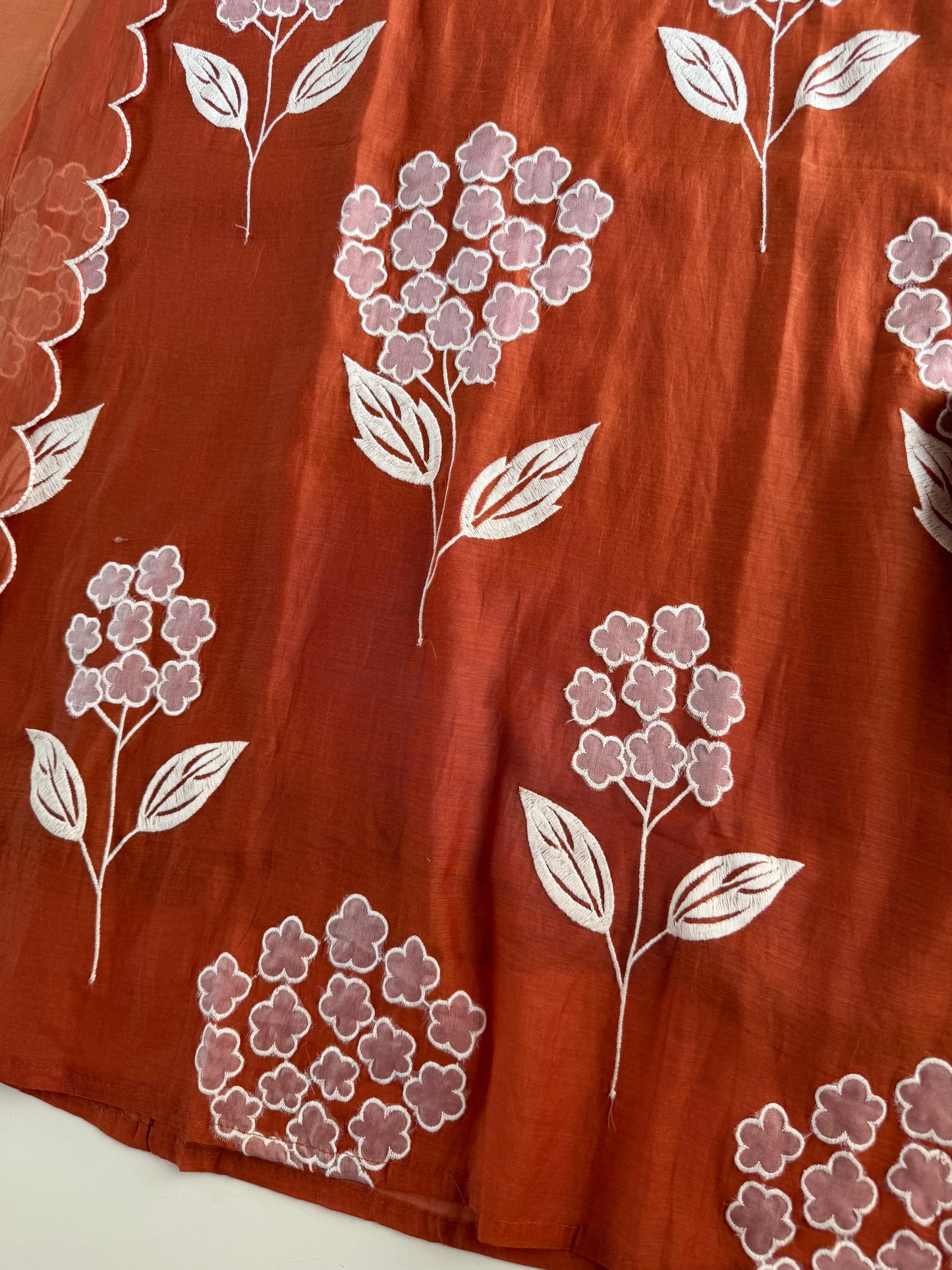 K537 - Mul chanderi appliqué work aline Kurti with pants and dupatta in 2 colours