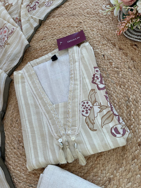 K264 - Cotton Collar neck straight kurti with pants and dupatta