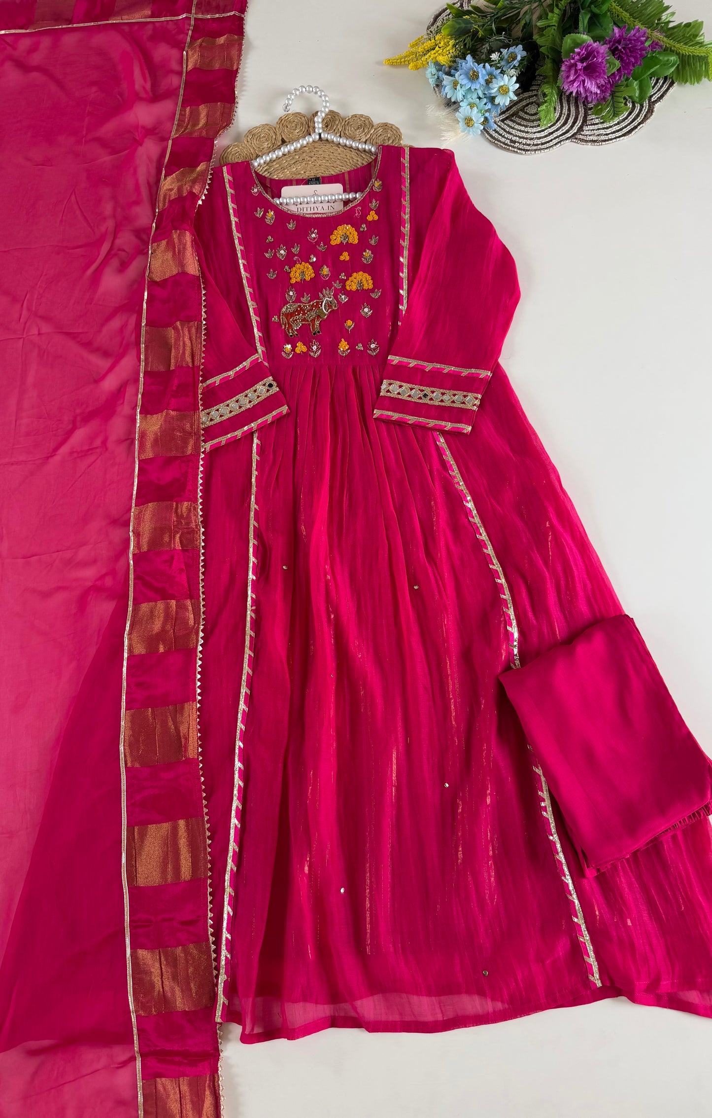 K397 - Mul chanderi handwork Anarkali with pants and dupatta