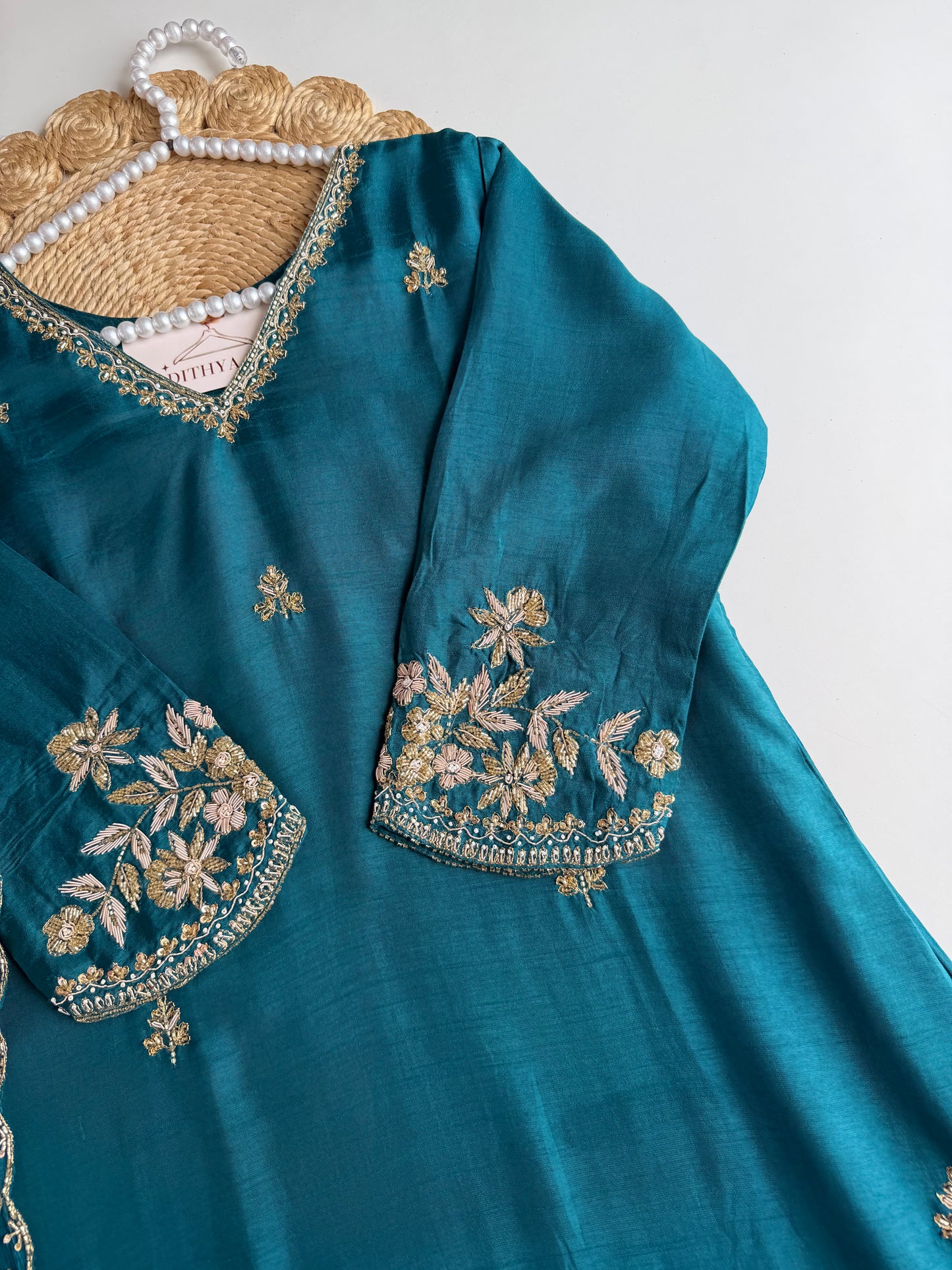 K126 - Russian silk handwork Aline Kurti with pants and dupatta in 2 colours