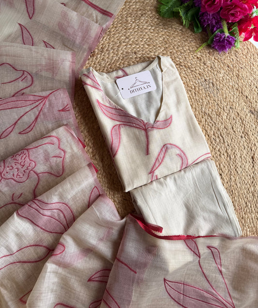 K672 - Chanderi silk floral weaving straight Kurti with pants and dupatta