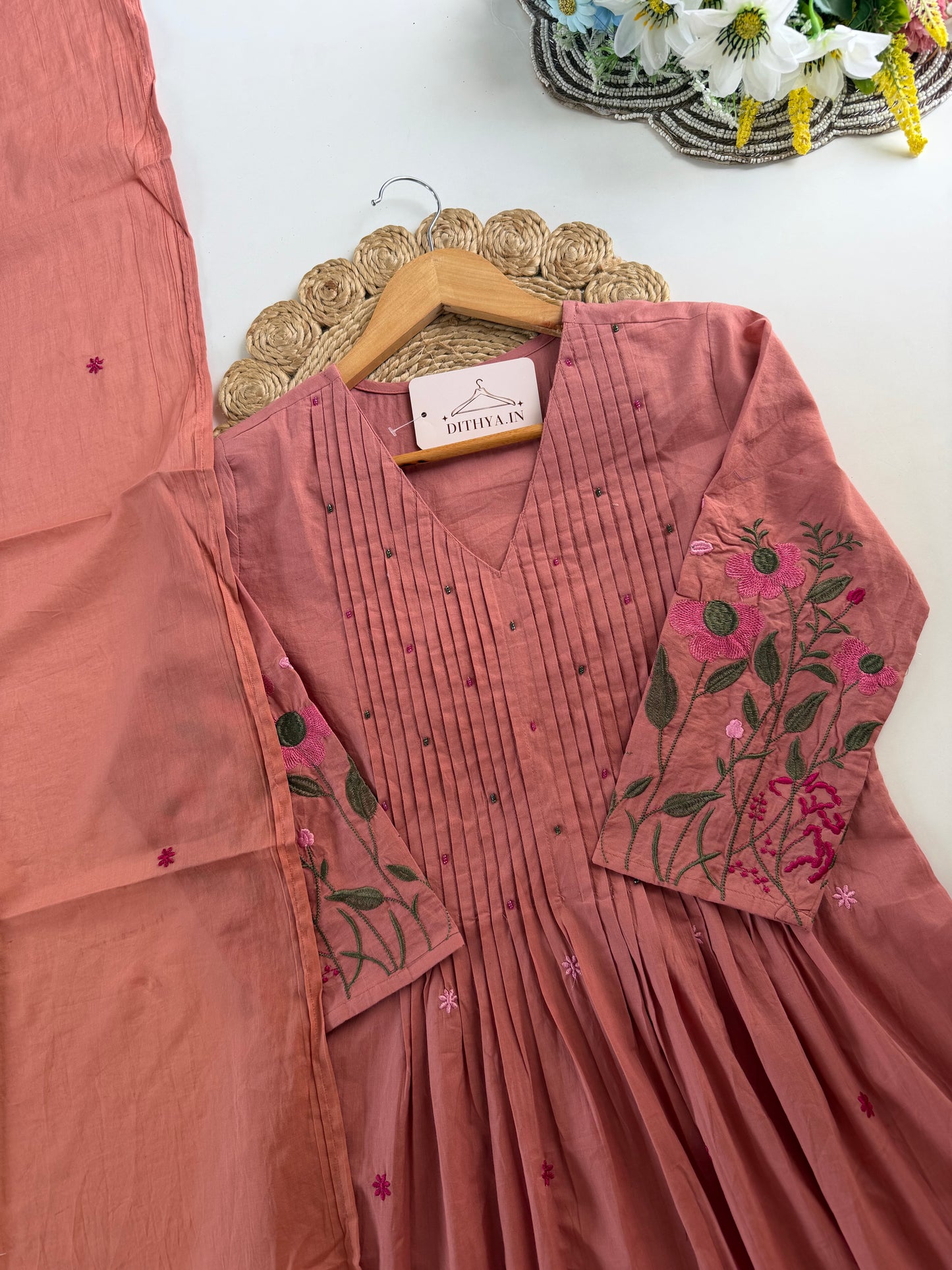 K449 - Mul cotton pintex embroidered Anarkali with pants and dupatta