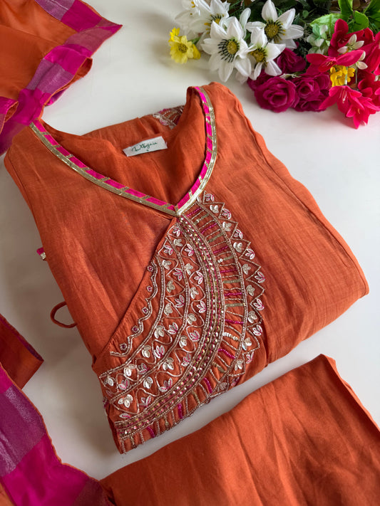 K111 - Banarasi mul chanderi handwork angrakha Anarkali with pants and dupatta