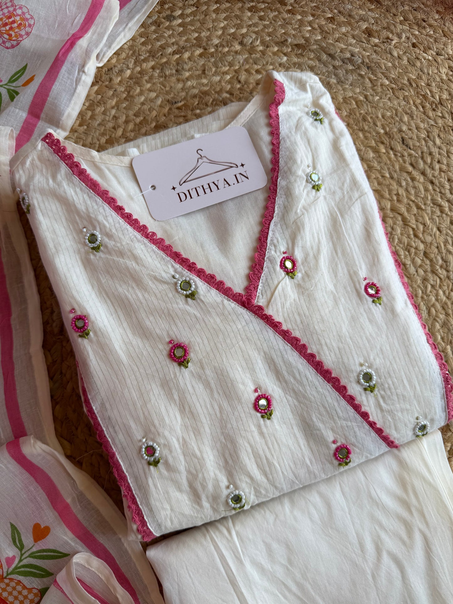 K574 - Mul cotton embroidered Anarkali with pants and dupatta