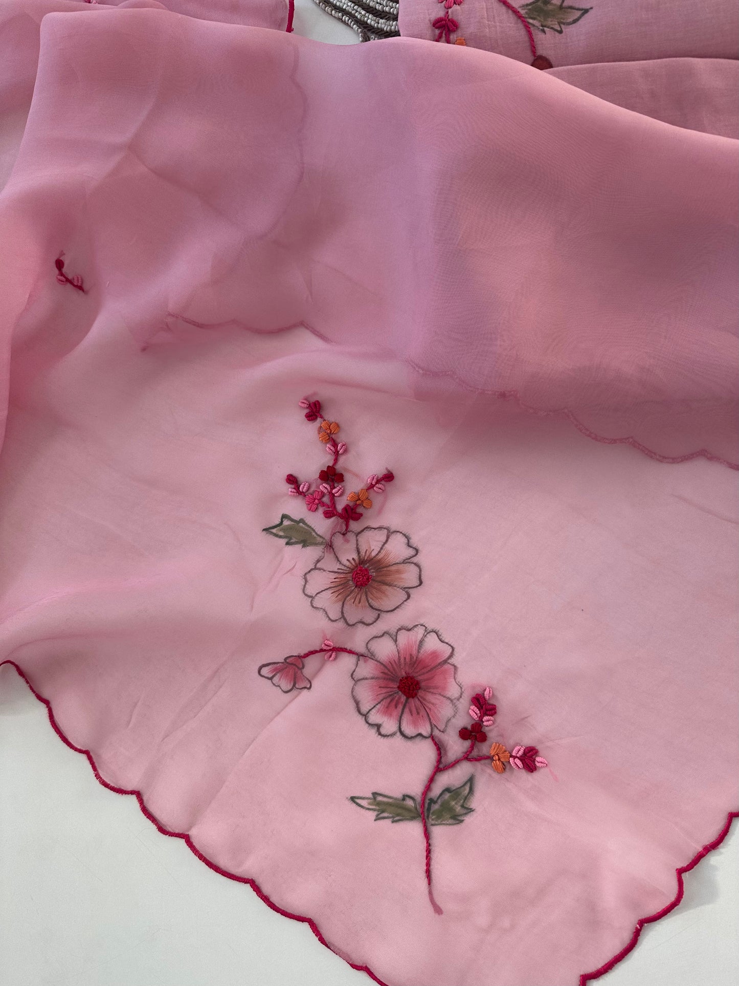 K380 - Mul chanderi hand painted and embroidered aline Kurti with pants and dupatta