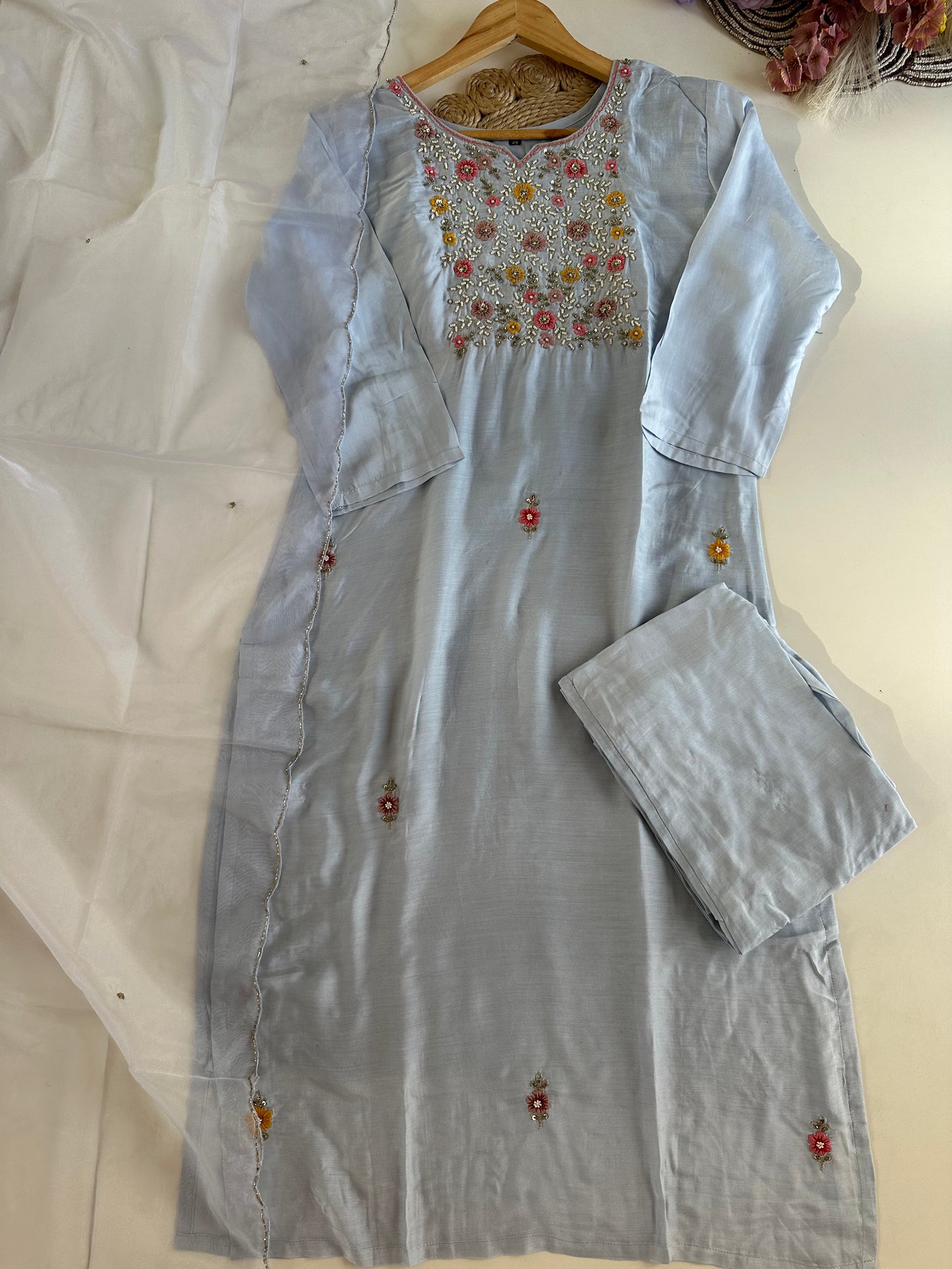 D348 - Dola silk straight kurti with pants and dupatta