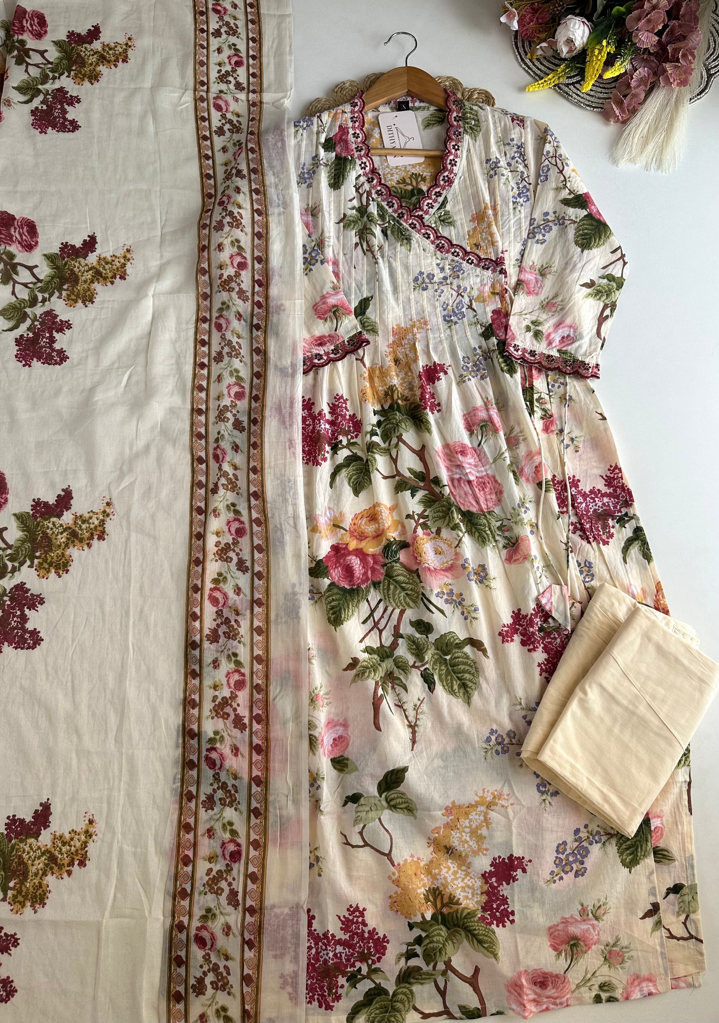 K465 - Mul cotton pleated floral Aline Kurti with pants and dupatta