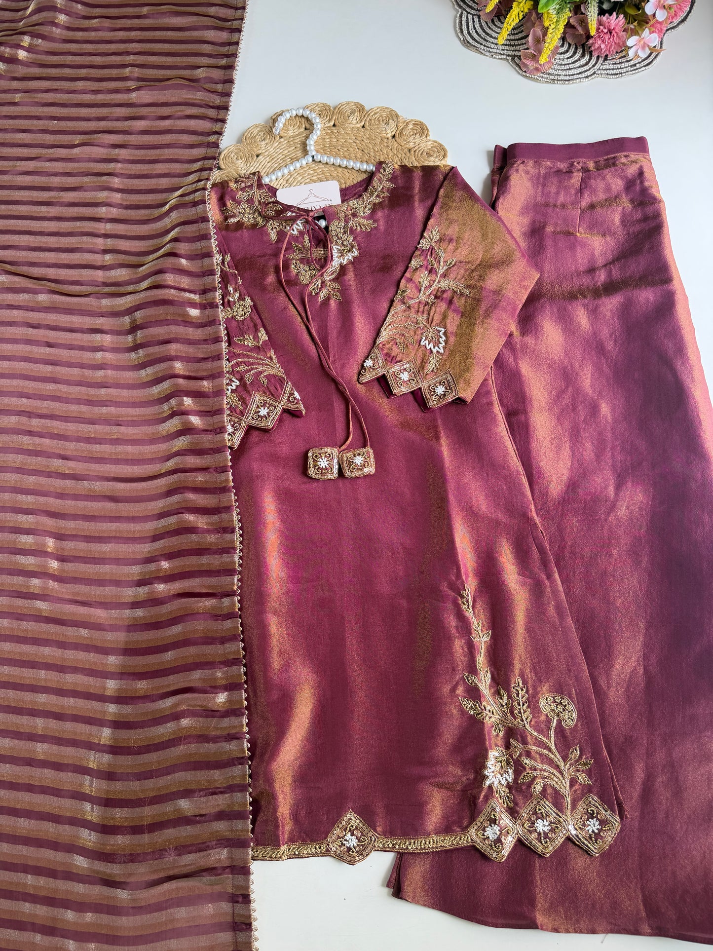 K357 - Shimmer tissue silk handwork short Kurti with divider pants and dupatta