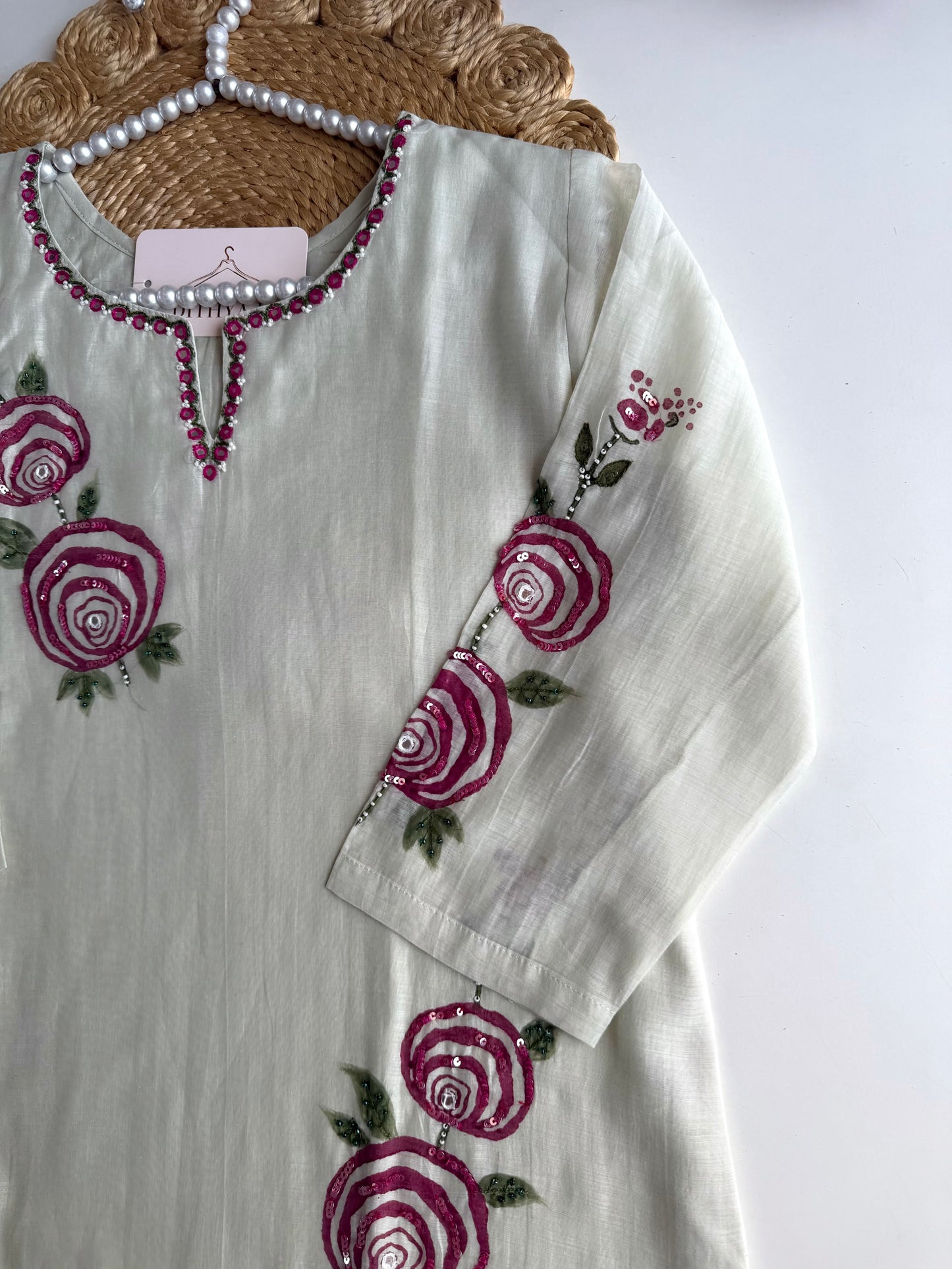 K280 - Mul chanderi handwork straight Kurti with pants and dupatta