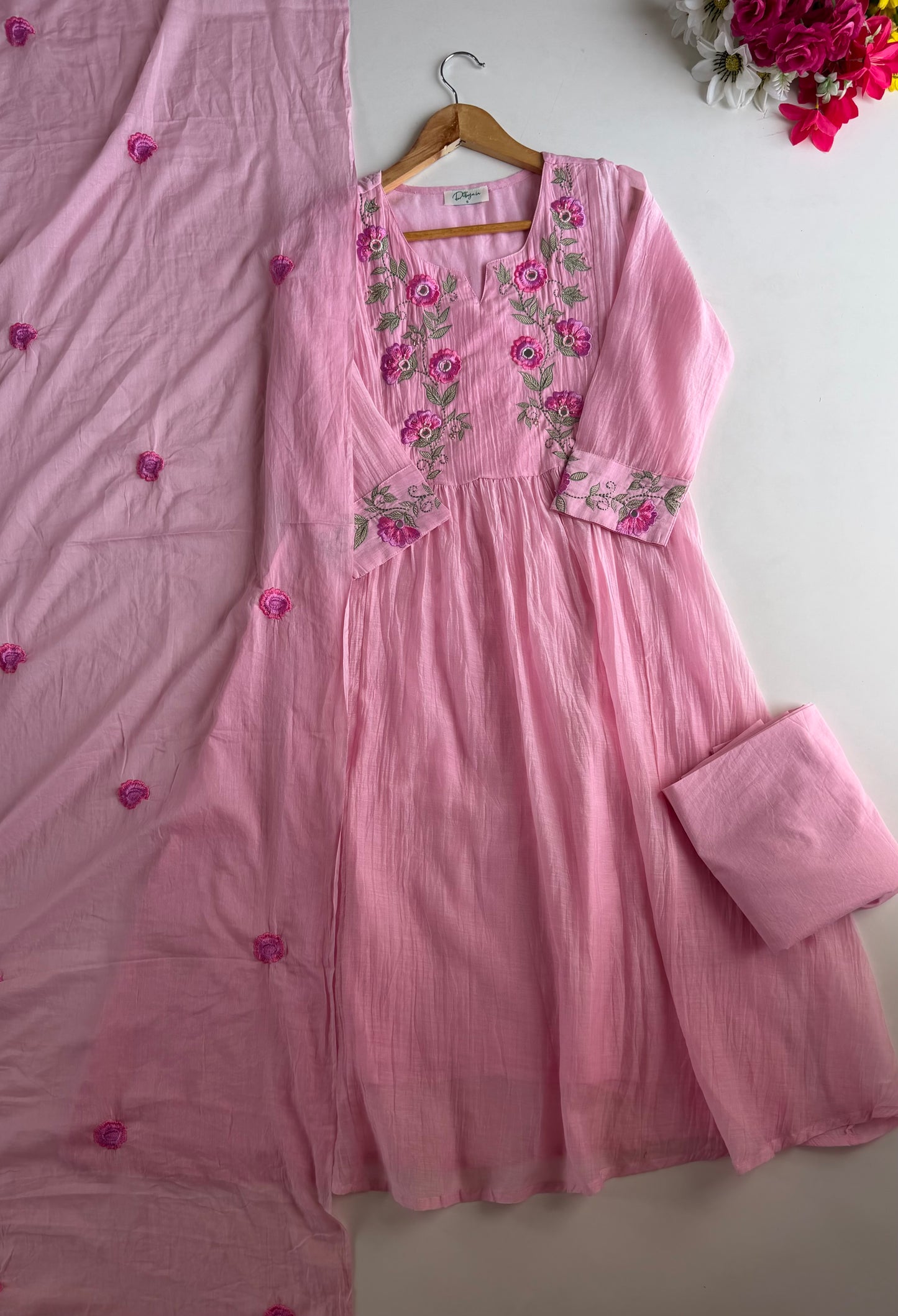 K237 - Mulmul cotton embroidered Anarkali with pants and dupatta in 2 colours