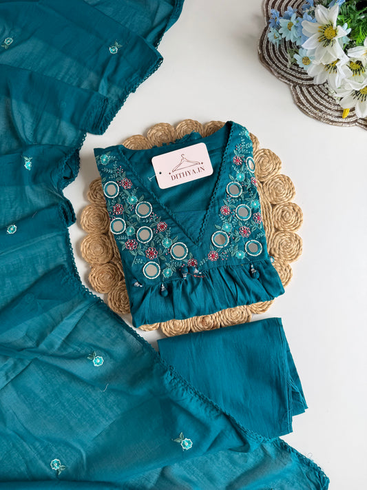 K231 - Mul cotton embroidered Anarkali with pants and dupatta