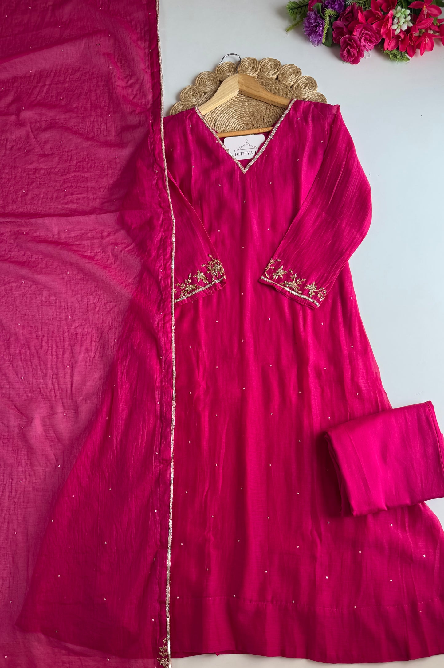 K302 - Mul chanderi handwork aline Kurti with pants and dupatta