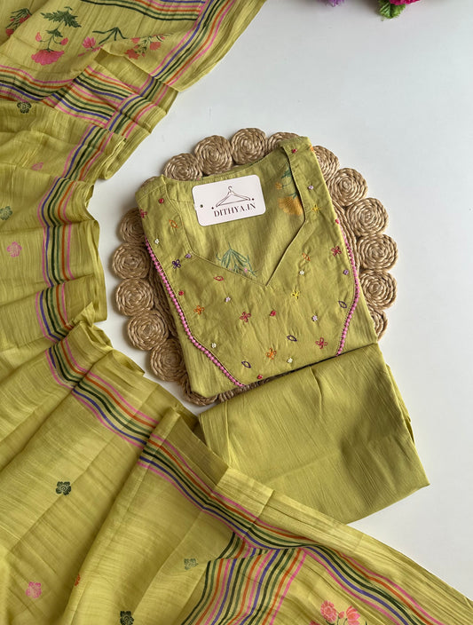 K270 - Mul cotton embroidered straight Kurti with pants and dupatta