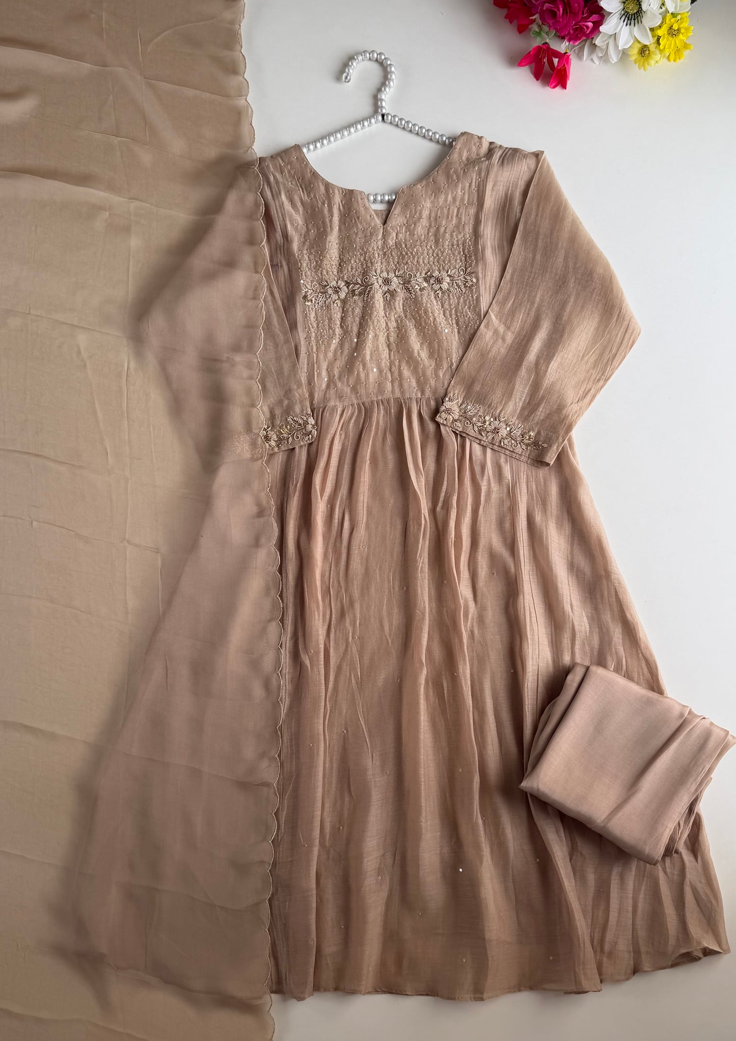 K398 - Mul chanderi zardosi work Anarkali with pants and dupatta