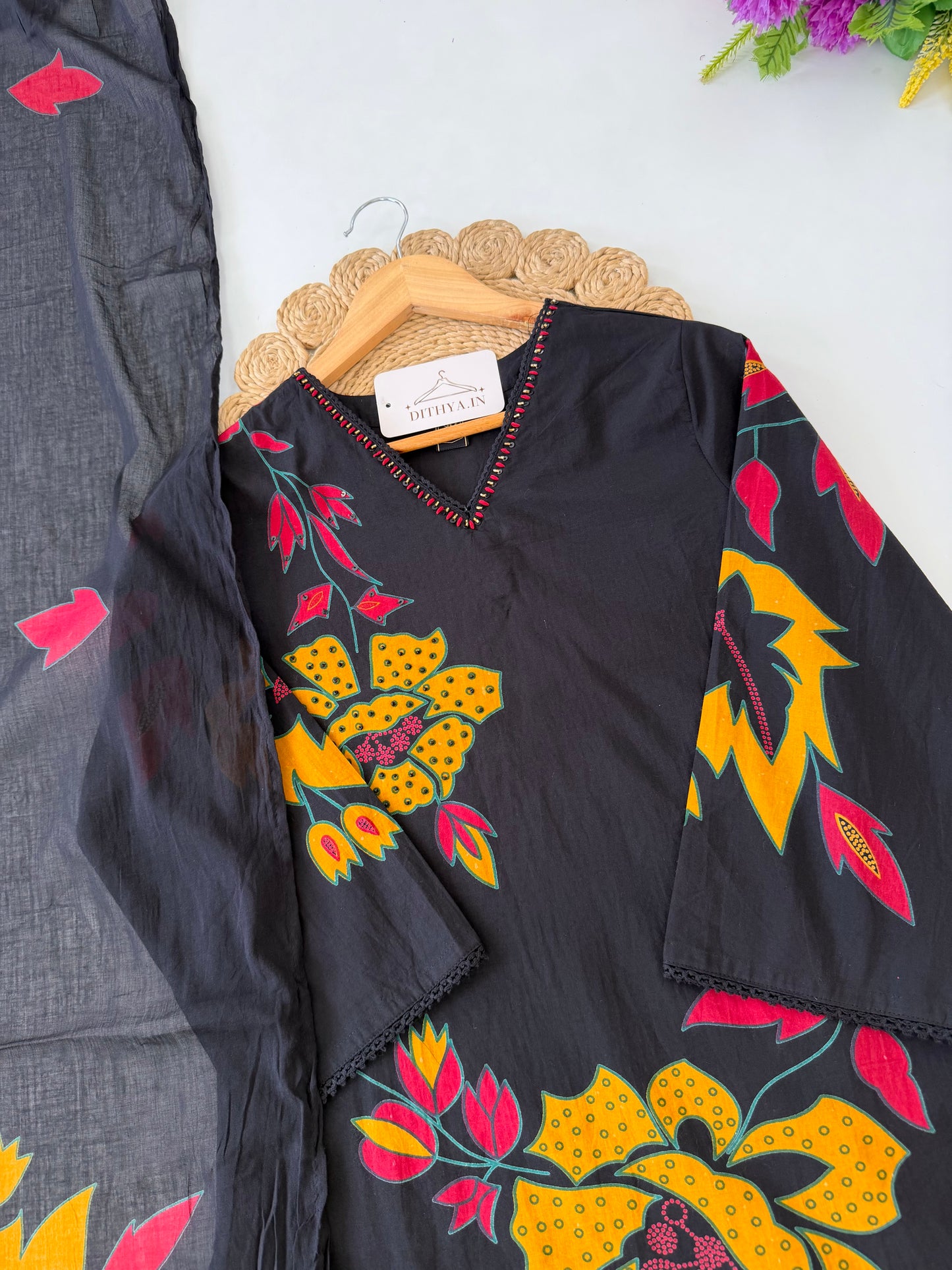K415 - Mul cotton embroidered Aline Kurti with pants and dupatta