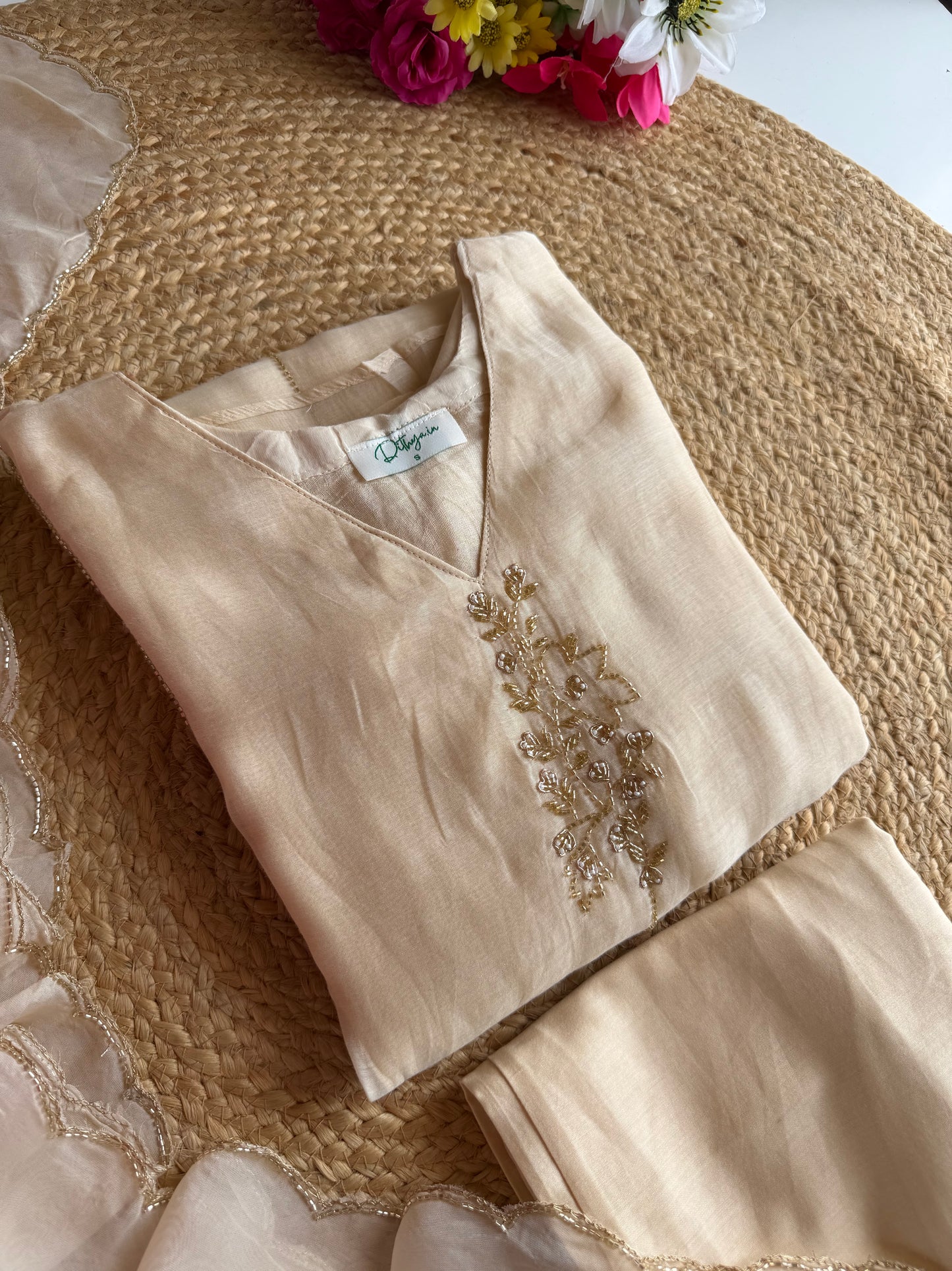 K145 - Mul chanderi handwork aline Kurti with pants and dupatta