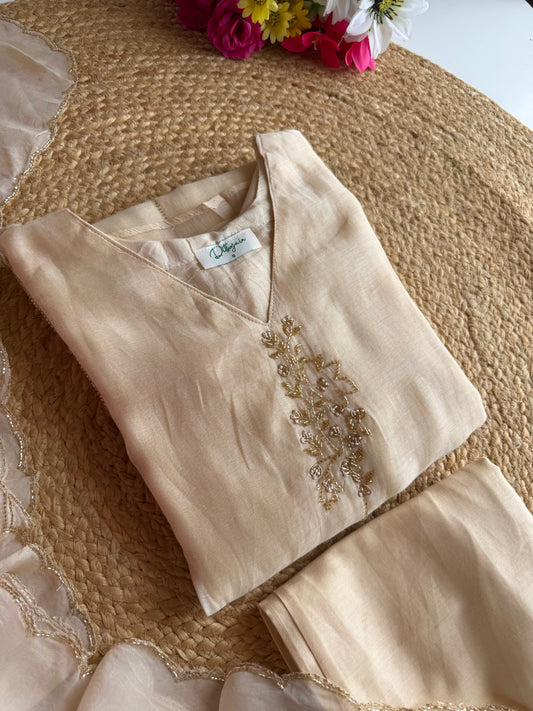 K145 - Mul chanderi handwork aline Kurti with pants and dupatta