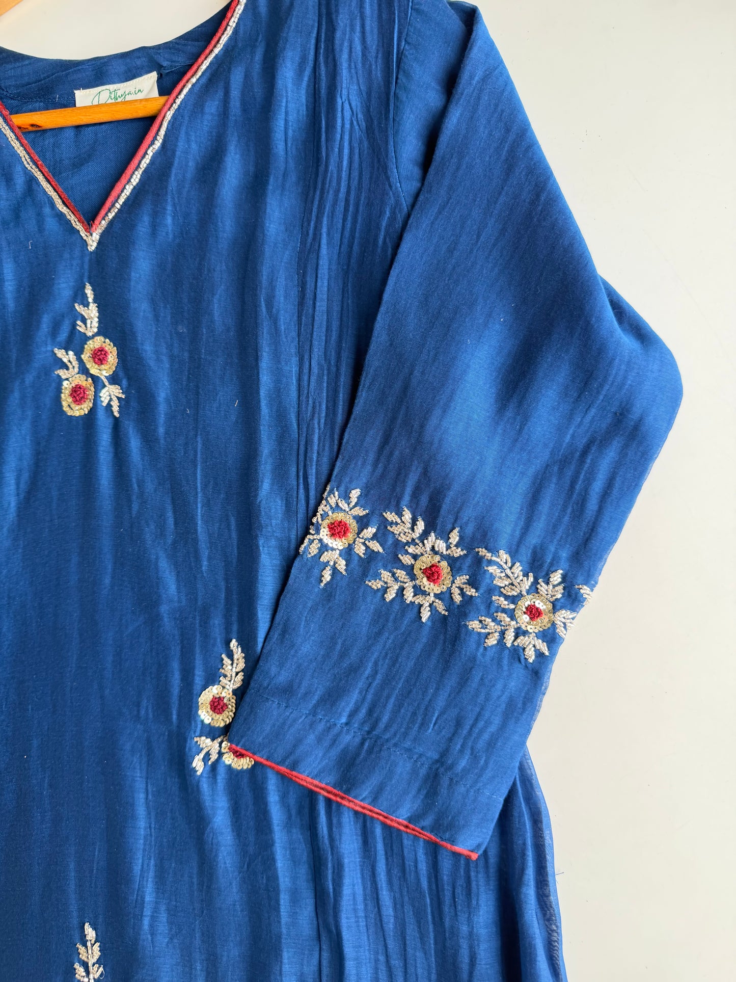 K444 - Mul chanderi handwork Aline Kurti with pants and dupatta