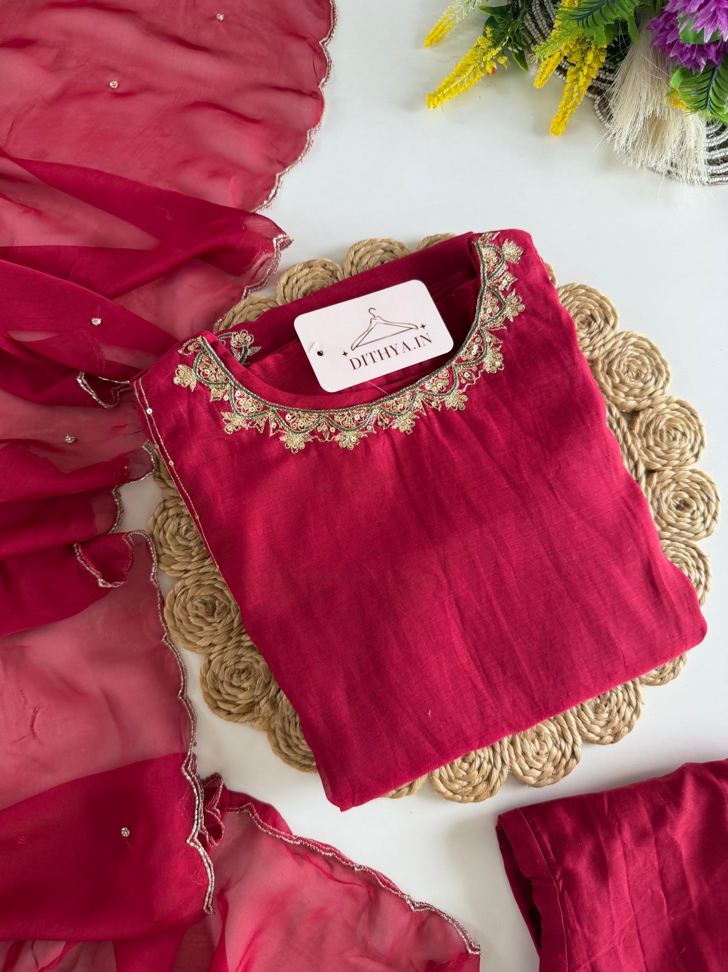 K333 - Mul chanderi handwork aline Kurti with pants and dupatta