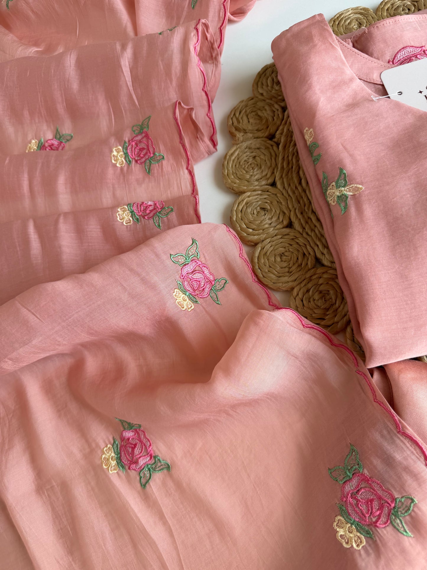 K648 - Surat Mul chanderi embroidered straight Kurti with pants and dupatta