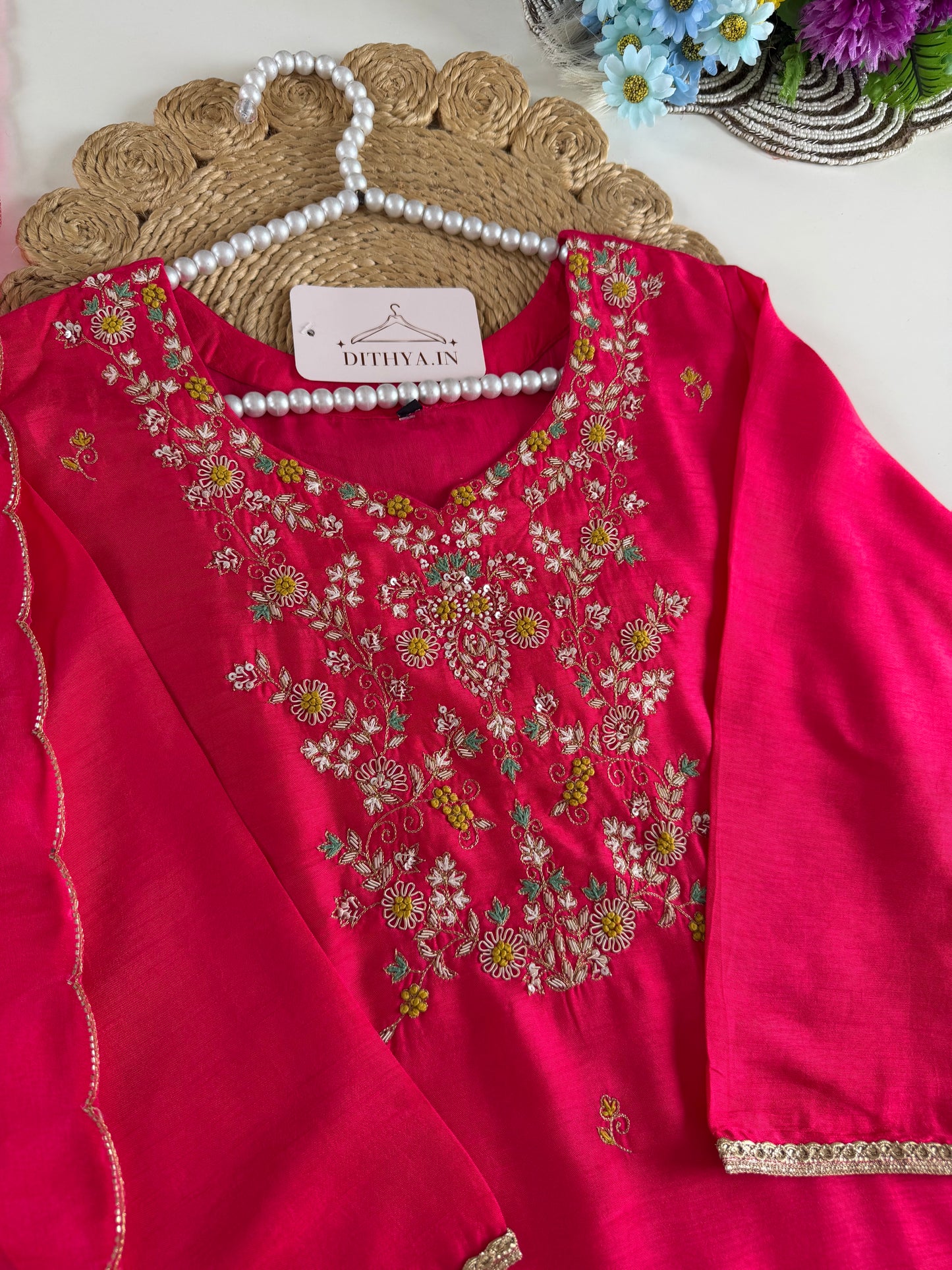 K617 - Dola silk handwork straight Kurti with pants and dupatta