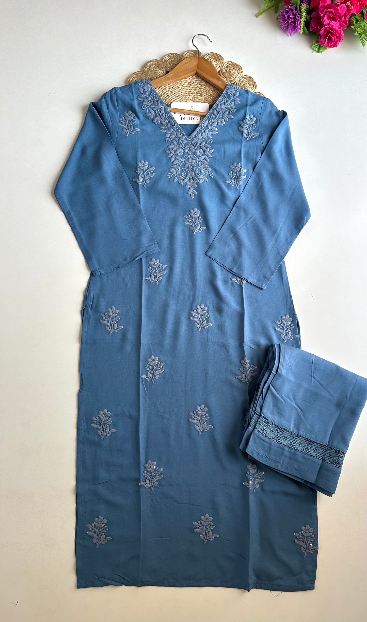 K247 - Mul cotton embroidered straight Kurti with pants