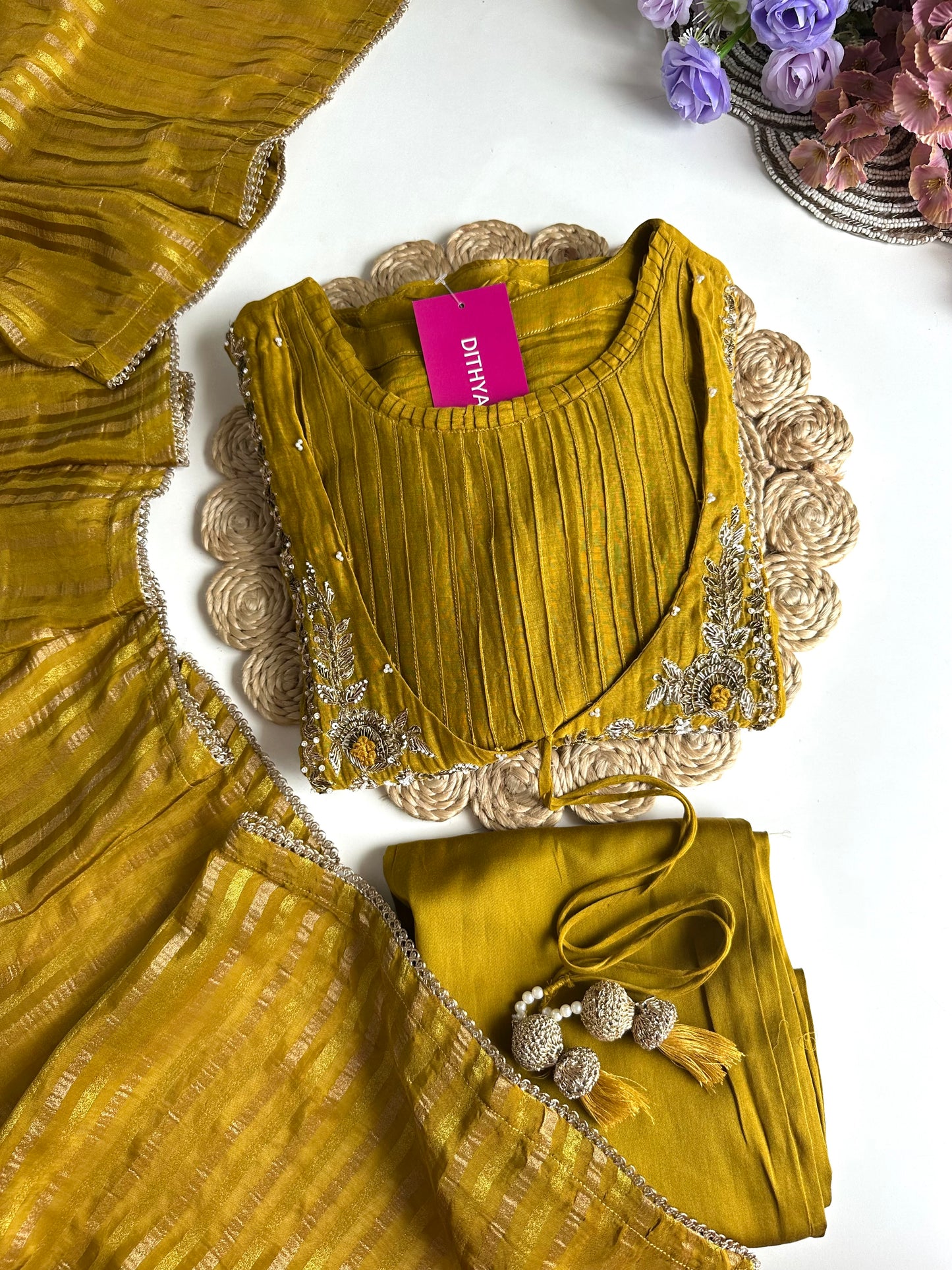 K102 - Mul Chanderi handwork Aline Kurti with pants and dupatta in 2 colours