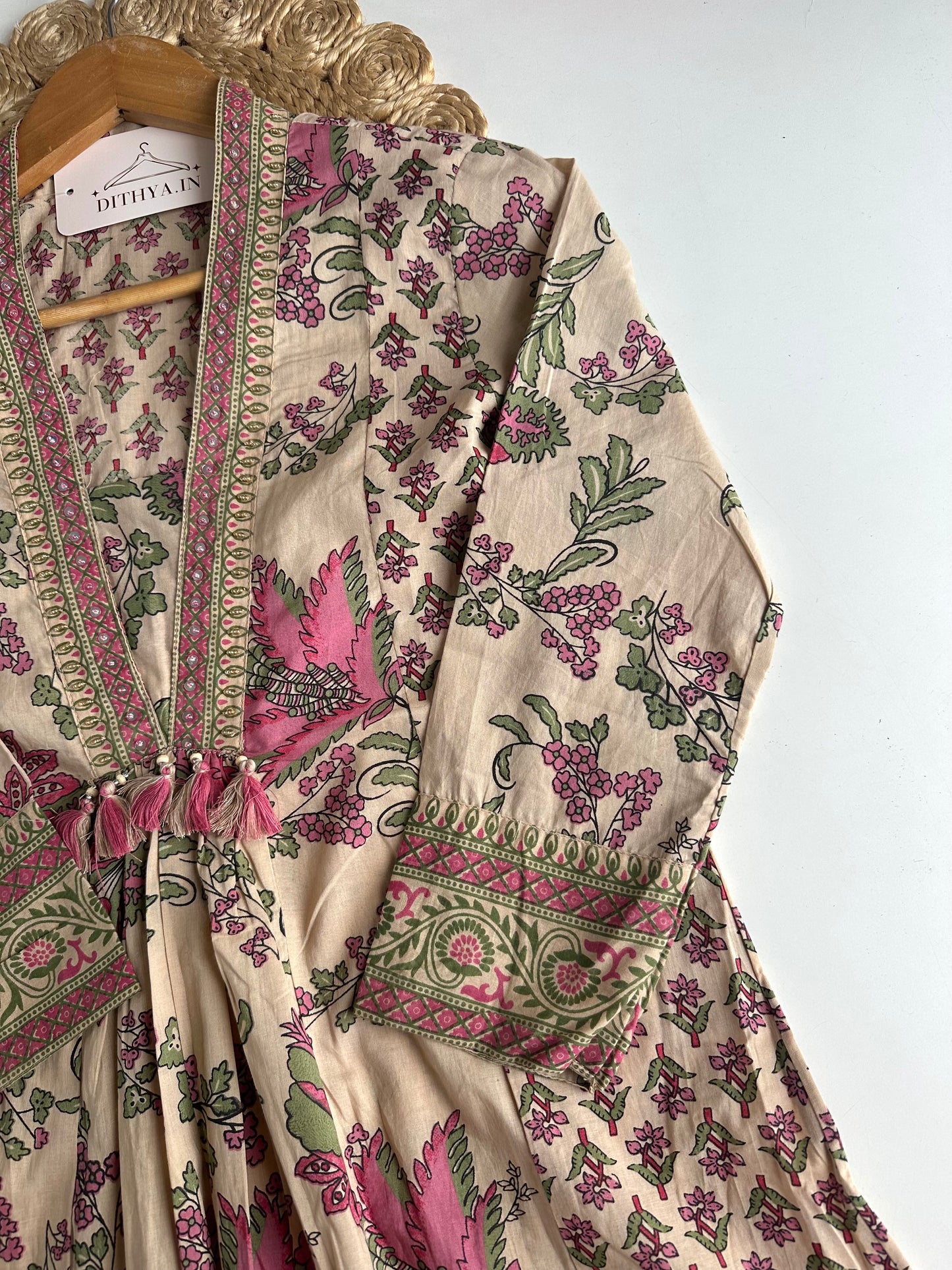 K718 - Mul cotton printed floral Anarkali with pants and dupatta