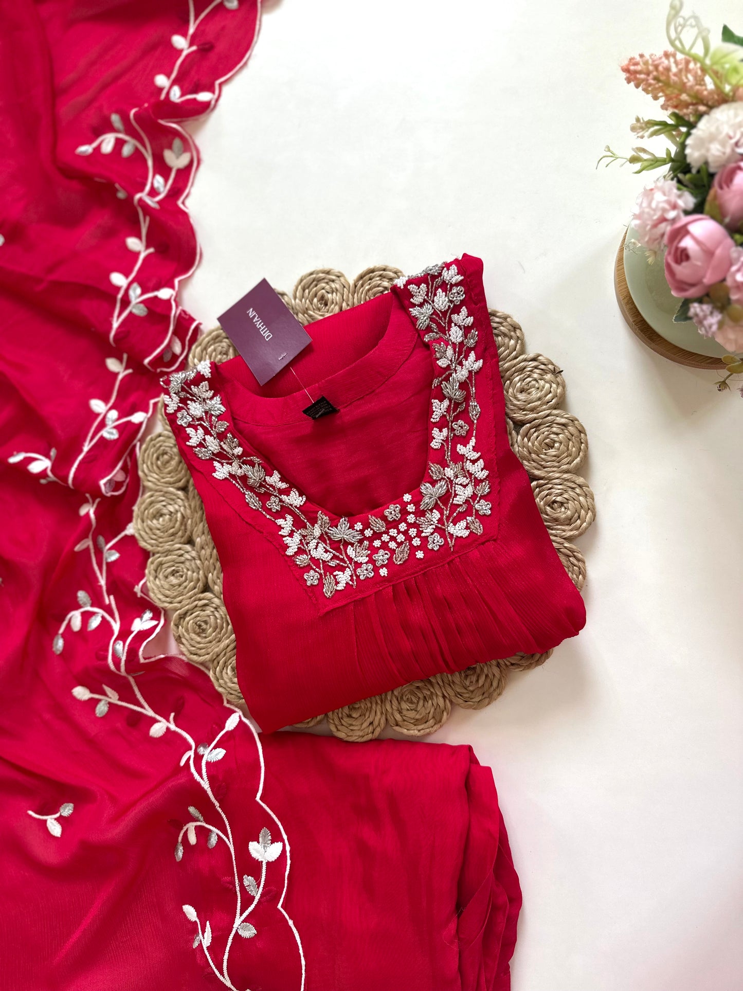 K176-Chinnon Handwork Aline Kurti with pants and dupatta .