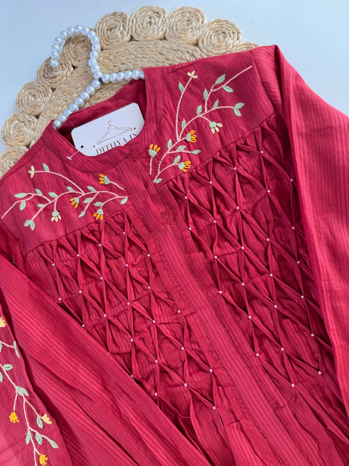 K620 - Mul cotton embroidered Aline Kurti with pants and dupatta