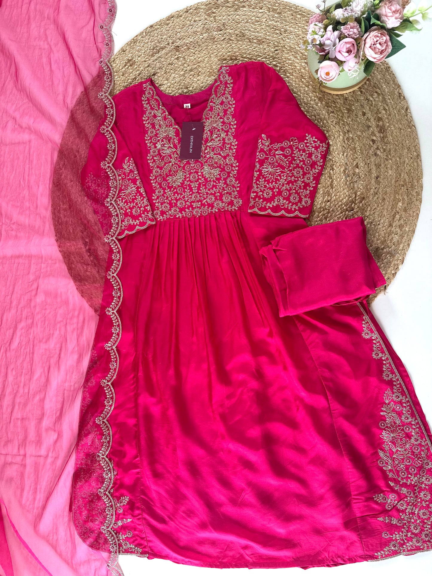 K209 - Russian silk Zari work straight kurti with pants and organza dupatta .