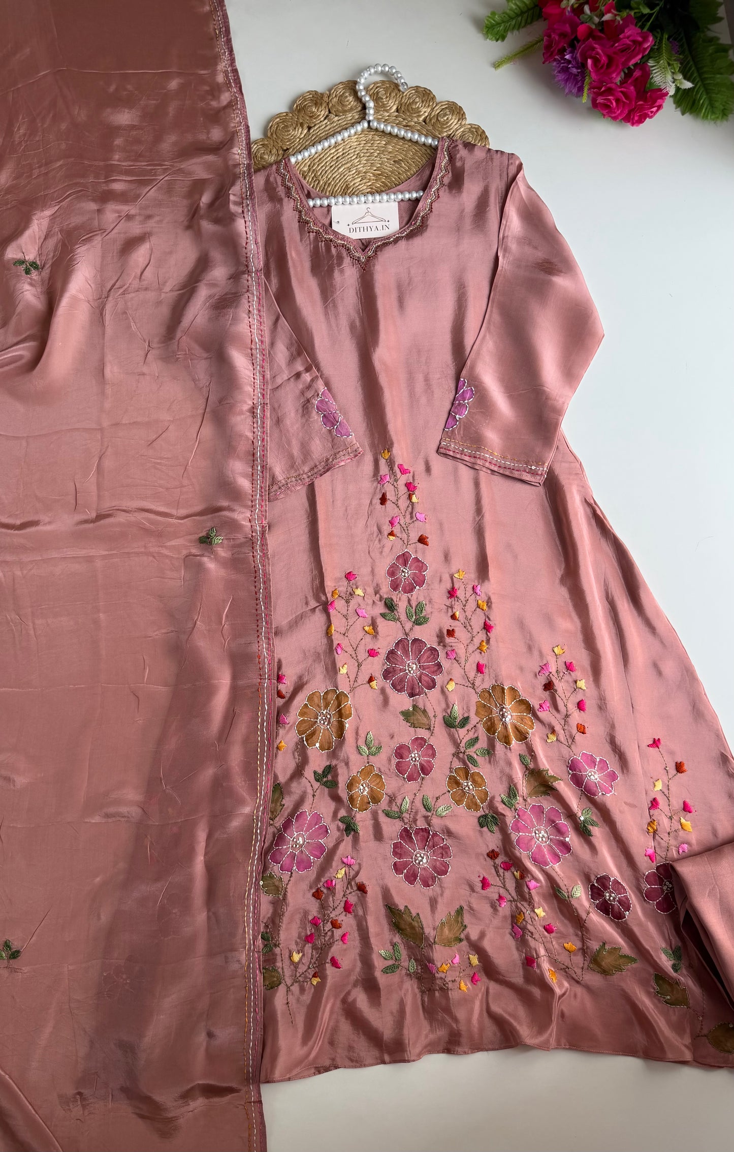 K644 - Pure crape embroidered Aline Kurti with pants and dupatta