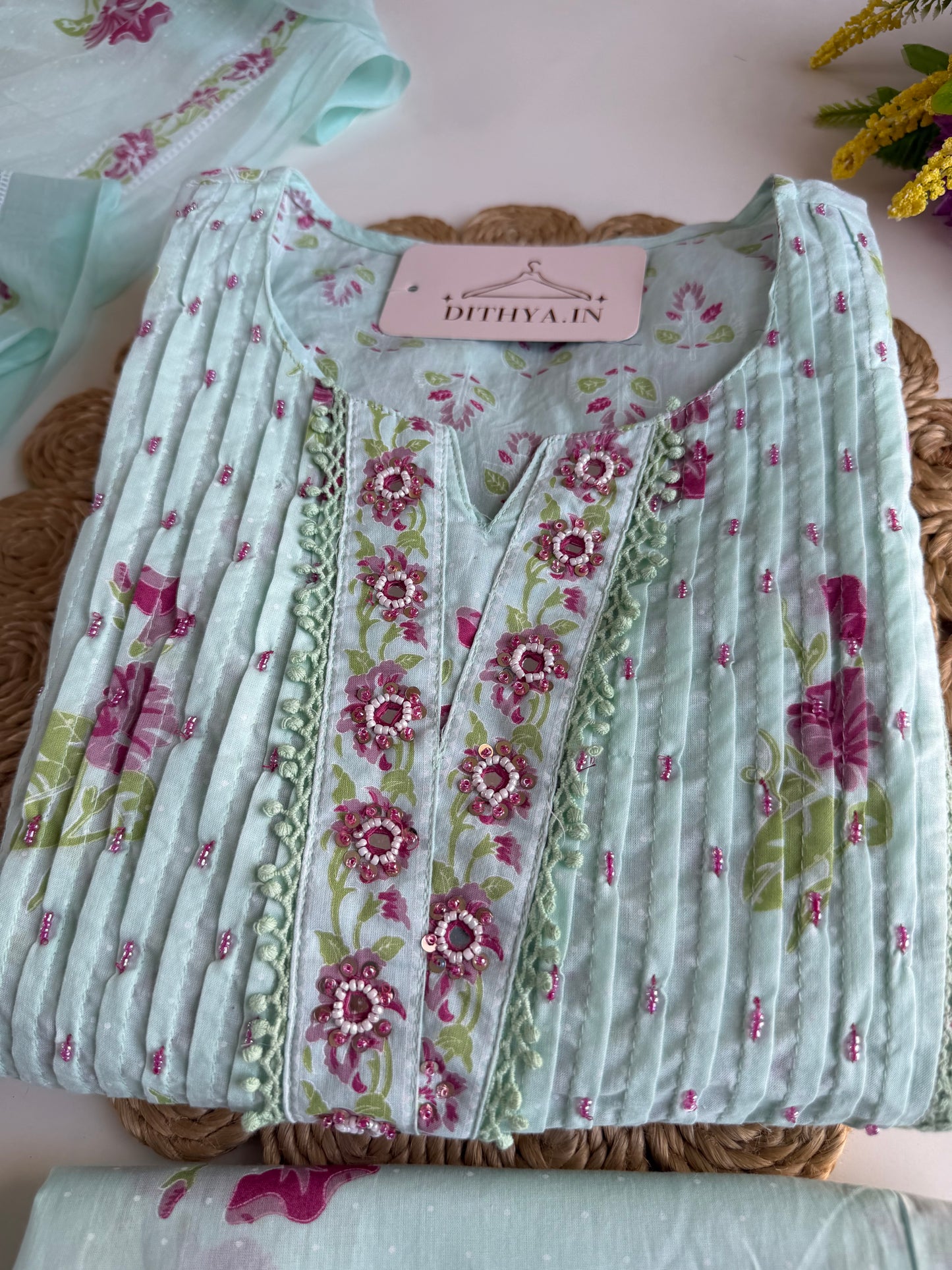 K059 - Mul cotton embroidered Anarkali with pants and dupatta