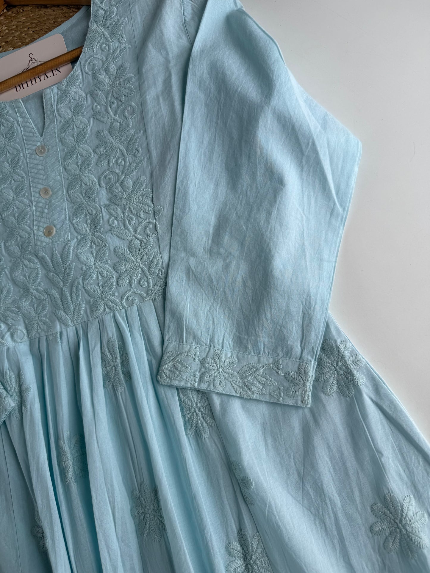 K525 - Mul cotton embroidered Anarkali with pants and dupatta