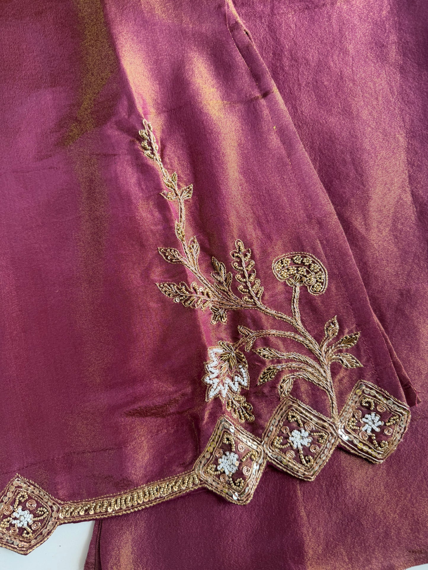 K357 - Shimmer tissue silk handwork short Kurti with divider pants and dupatta