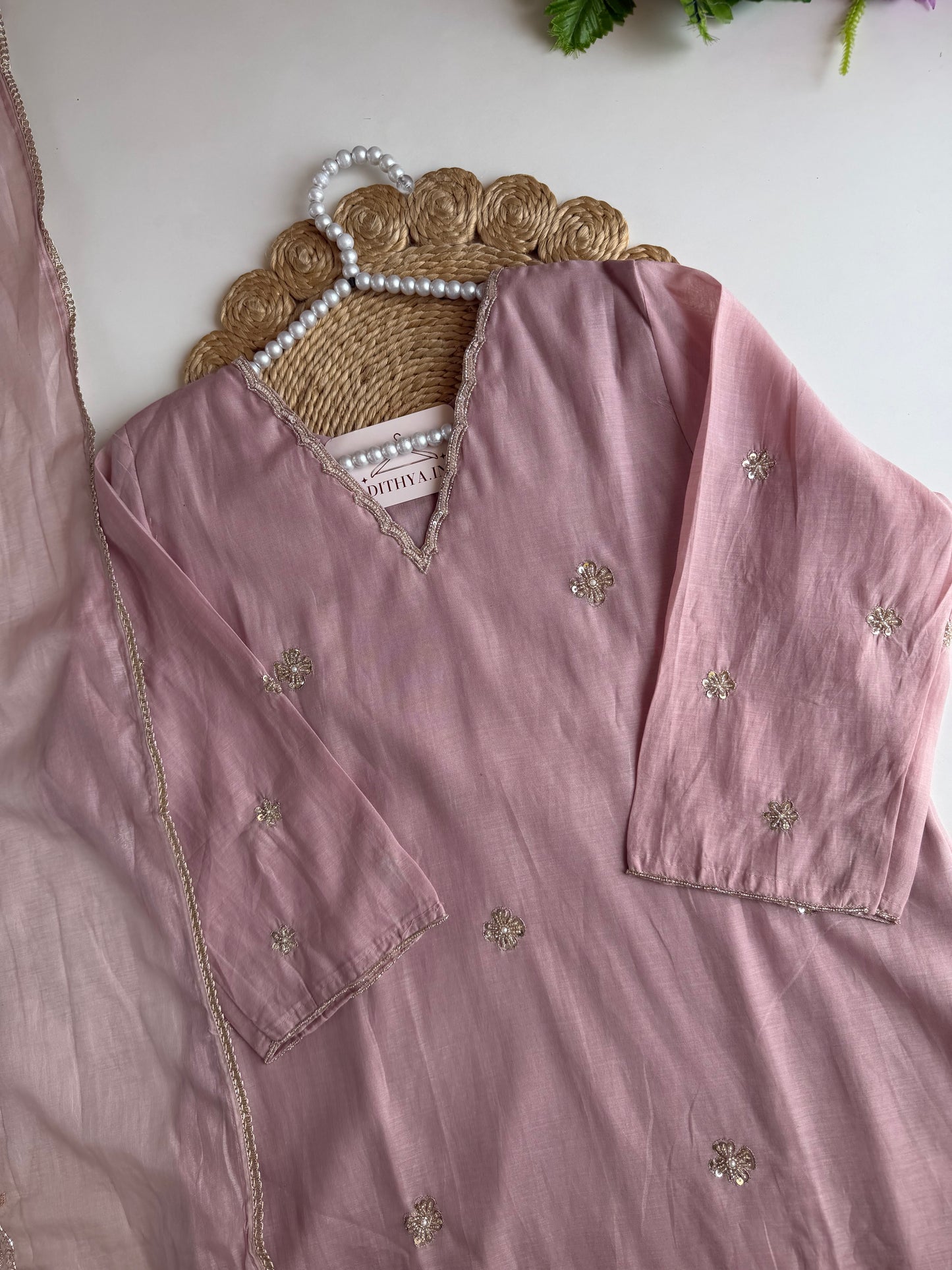 K245 - Mul chanderi handwork aline Kurti with pants and dupatta