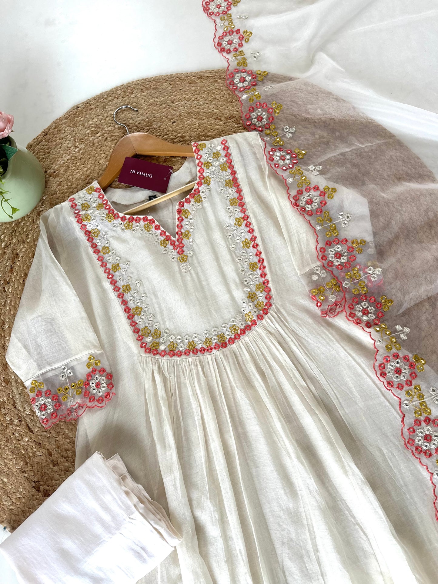 K219 - Mul Chanderi Threadwork Aline Kurti with pants and dupatta .