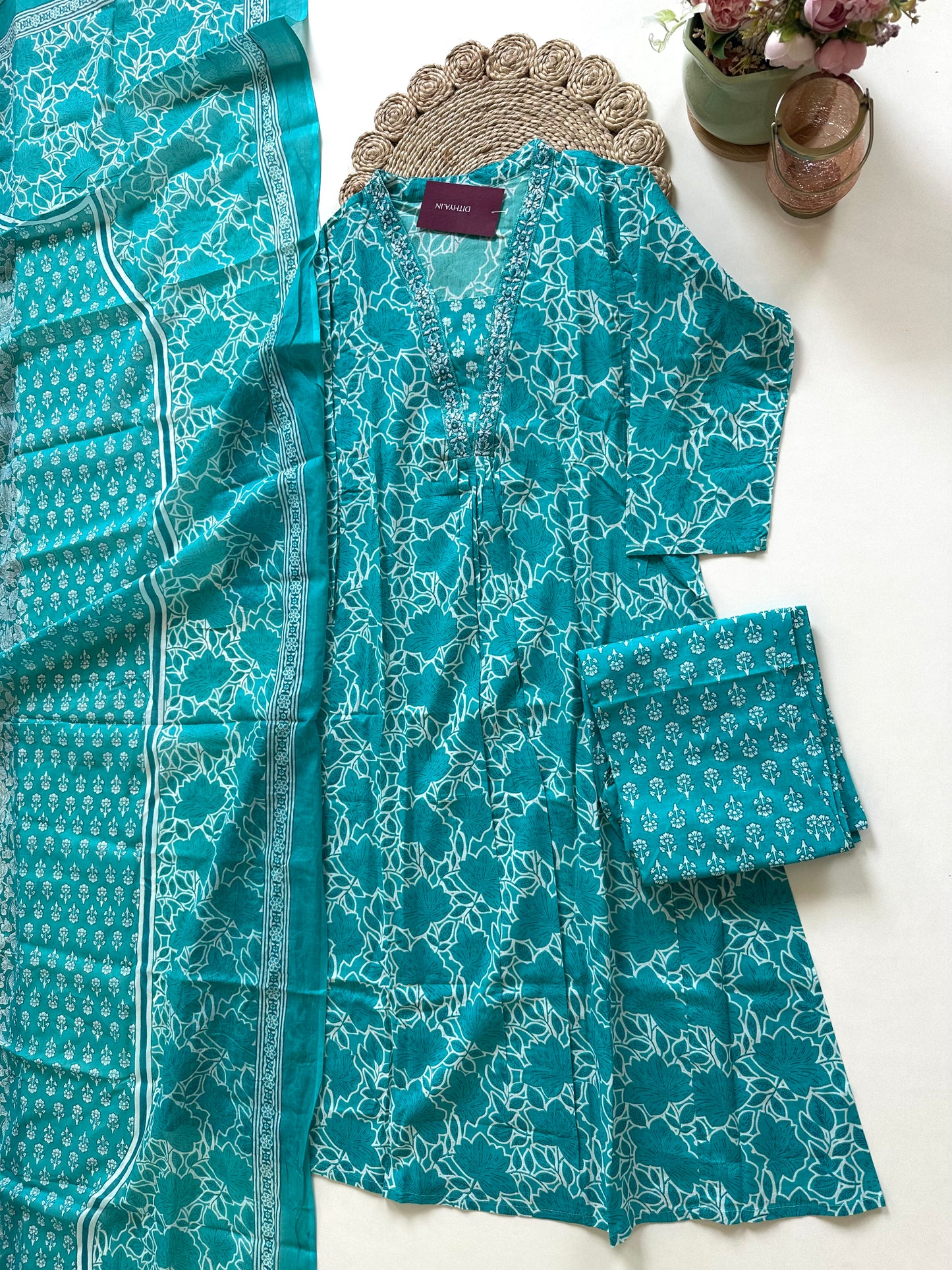 K157 - Cotton printed Aline Kurti with pants and dupatta in 2 colours .