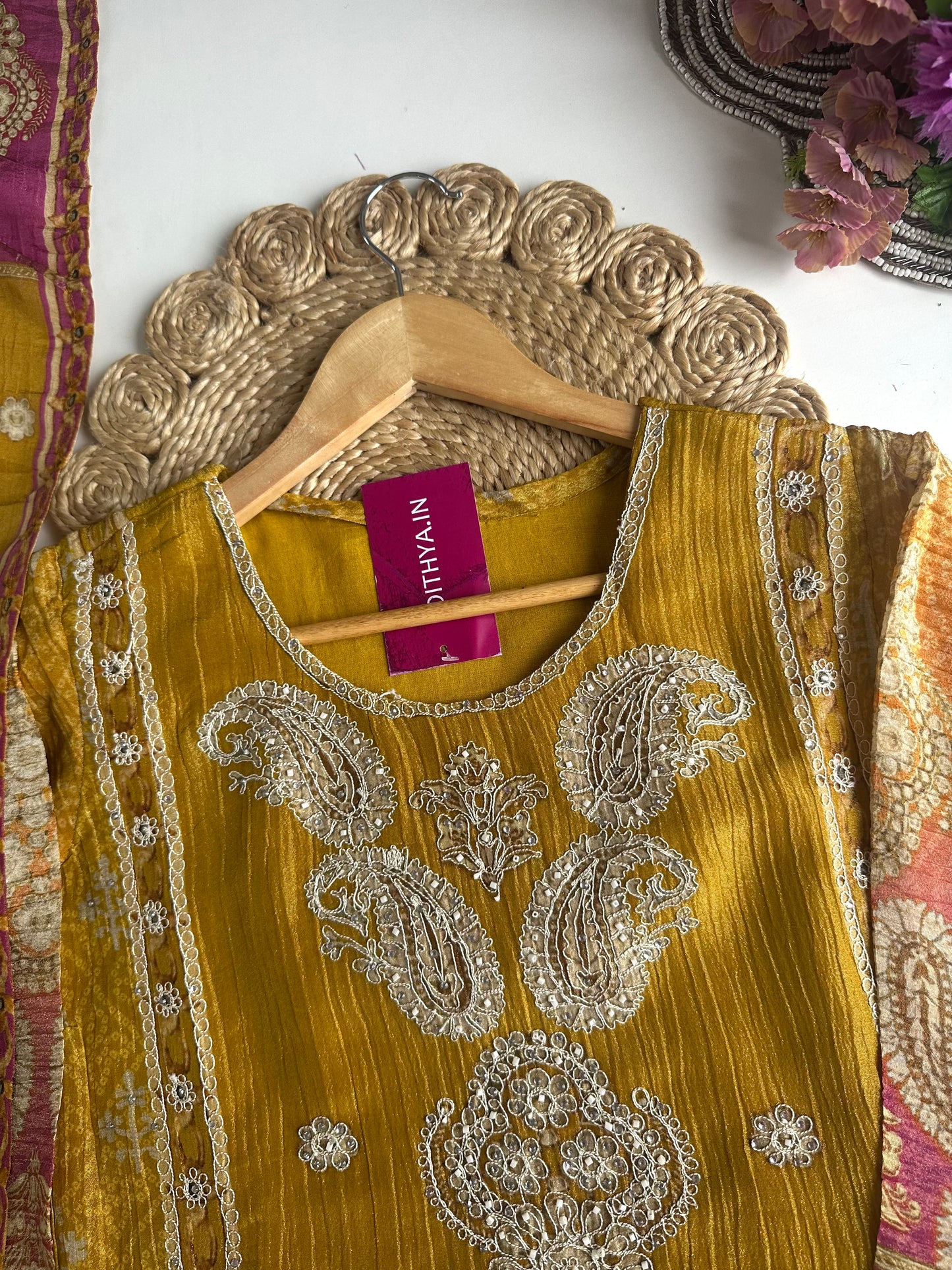 K004 - Crushed tissue handwork Aline Kurti with pants and dupatta