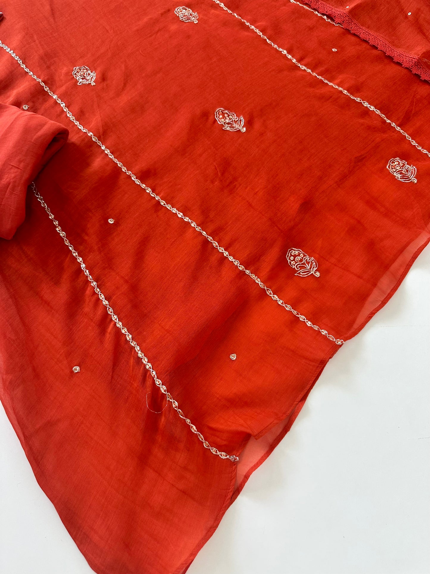 K022 - Mul Chanderi Zardosi work Aline Kurti with pants and dupatta .